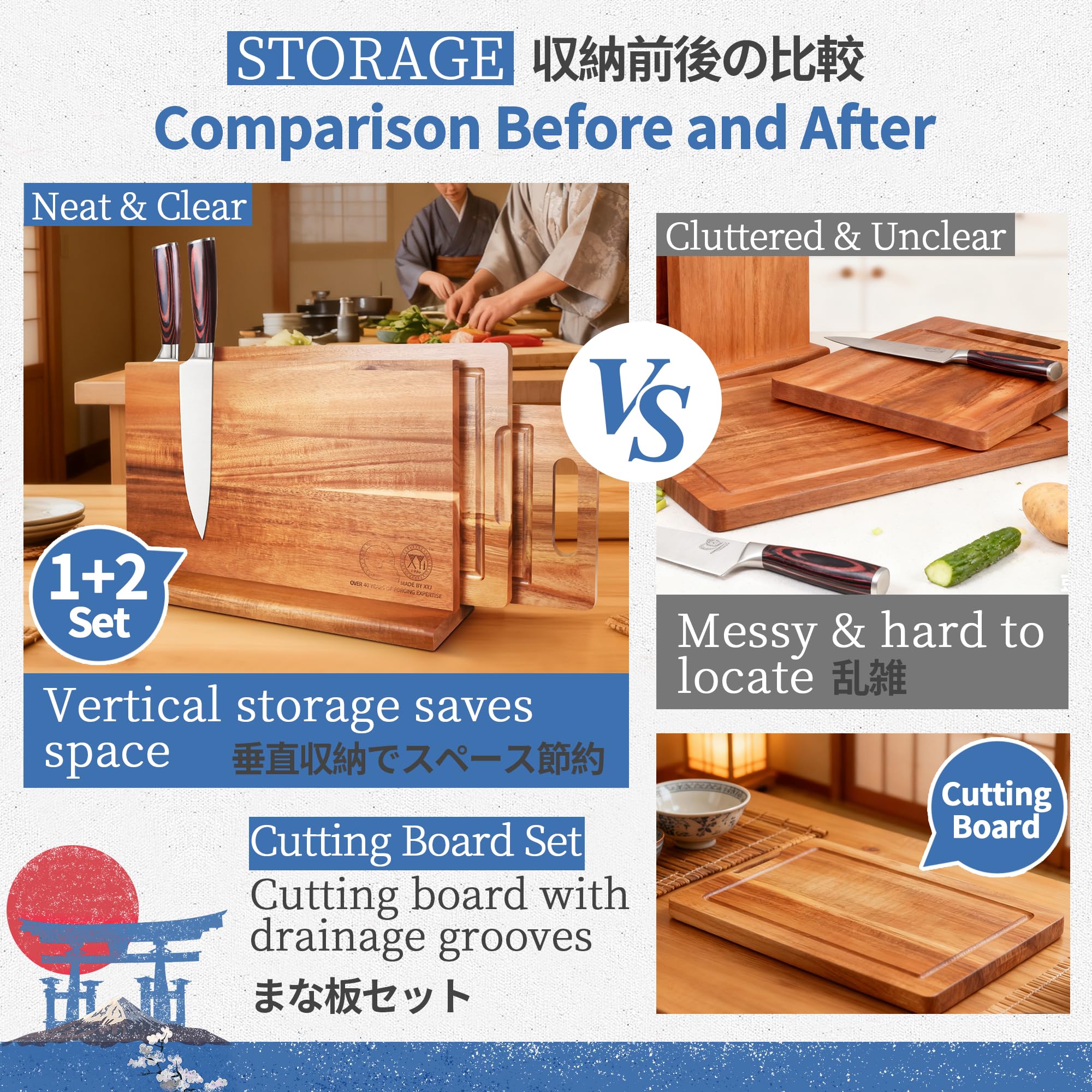 XYJ Acacia Wood Knife Block with Cutting Boards, Dual Magnetic Holder, 2-Piece Chopping Boards (Large & Small), Space-Saving Countertop Organizer, Rustic Kitchen Set without Knives
