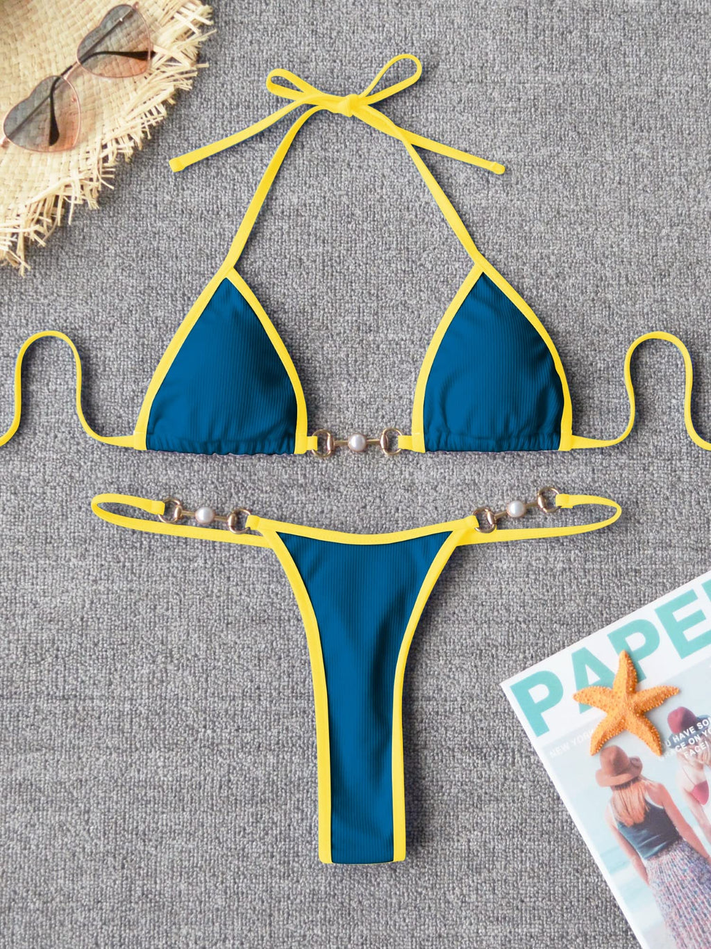 TASHEHE Women's Triangle Thong Bikini Set Sexy Brazillian Two Piece Swimsuit String Bathing Suit - Blue - Small