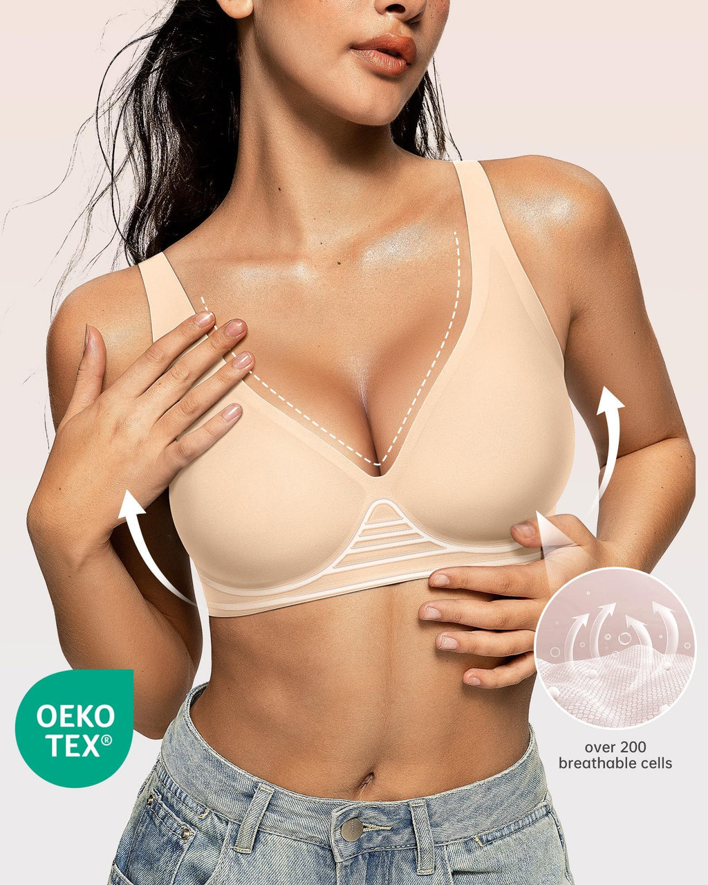 OEAK Womens Deep V Bras Wireless Comfortable Bra Supportive No Underwire Bras Tshirt Push Up Bralettes Plunge Seamless Bra Beige L
