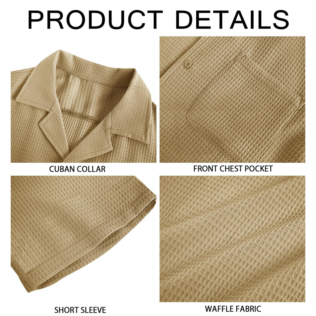 Mens Waffle Button Down Shirt Short Sleeve Loose Fit Cuban Summer Beach Plain Tops Khaki