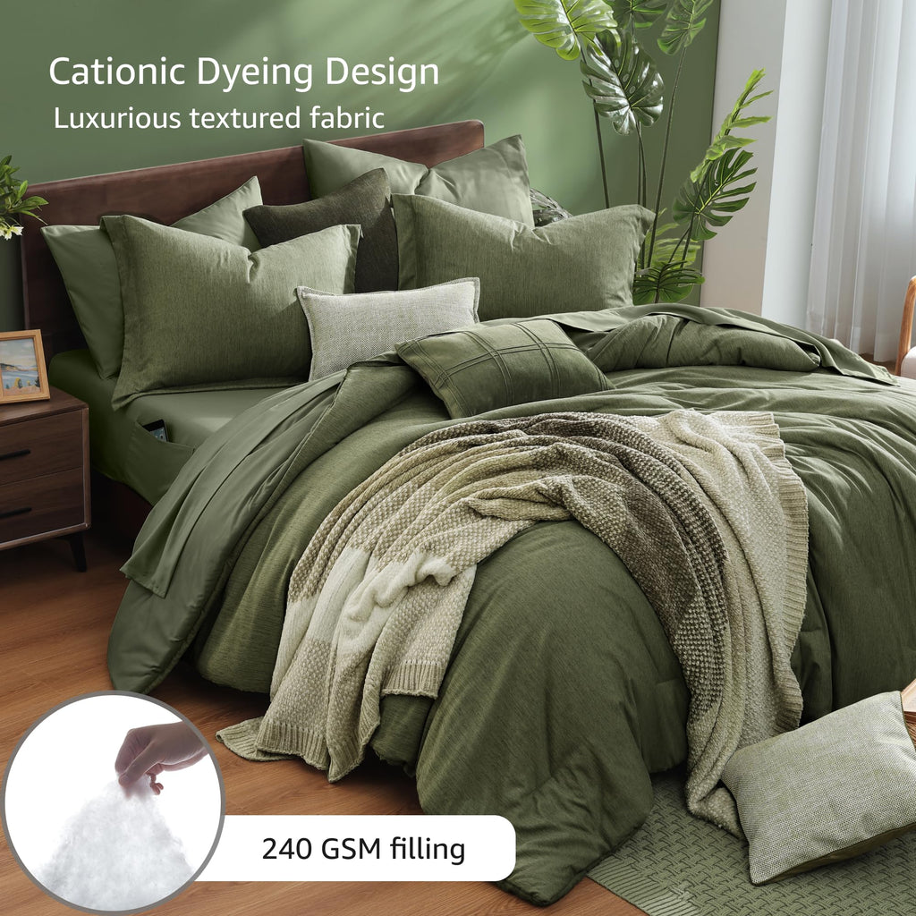 Monbix King Size Comforter Set, Olive Green King Bed Set Reversible, King Size Comforter Set 7 Pieces, Cationic Dyeing Bed in a Bag with Comforter, Sheets, Pillowcases & Shams