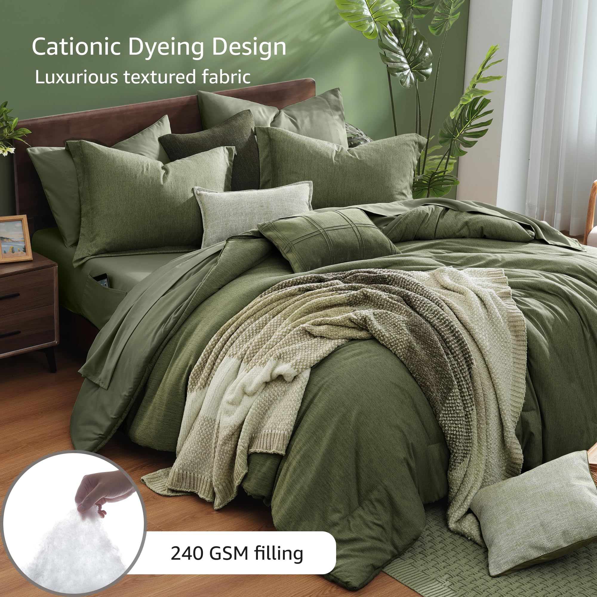 Monbix King Size Comforter Set, Olive Green King Bed Set Reversible, King Size Comforter Set 7 Pieces, Cationic Dyeing Bed in a Bag with Comforter, Sheets, Pillowcases & Shams