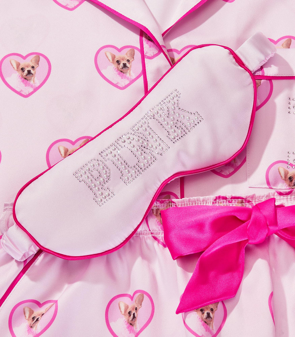 Victoria's Secret PINK | Elle 3-Piece Satin Eye Mask & Short Pajama Set, Pink Tulip Dog, M