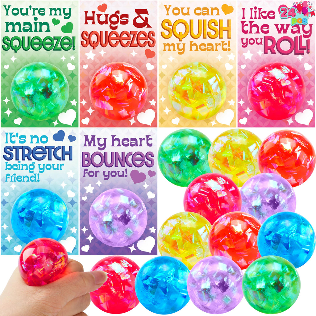 JOYIN 24 Packs Valentine's Day Stretchy Balls with Cards, Classroom Exchange Gift for Kids, Valentine's Party Favors, Classroom and Holiday Reward Prizes, Stress Relief Stretch Balls