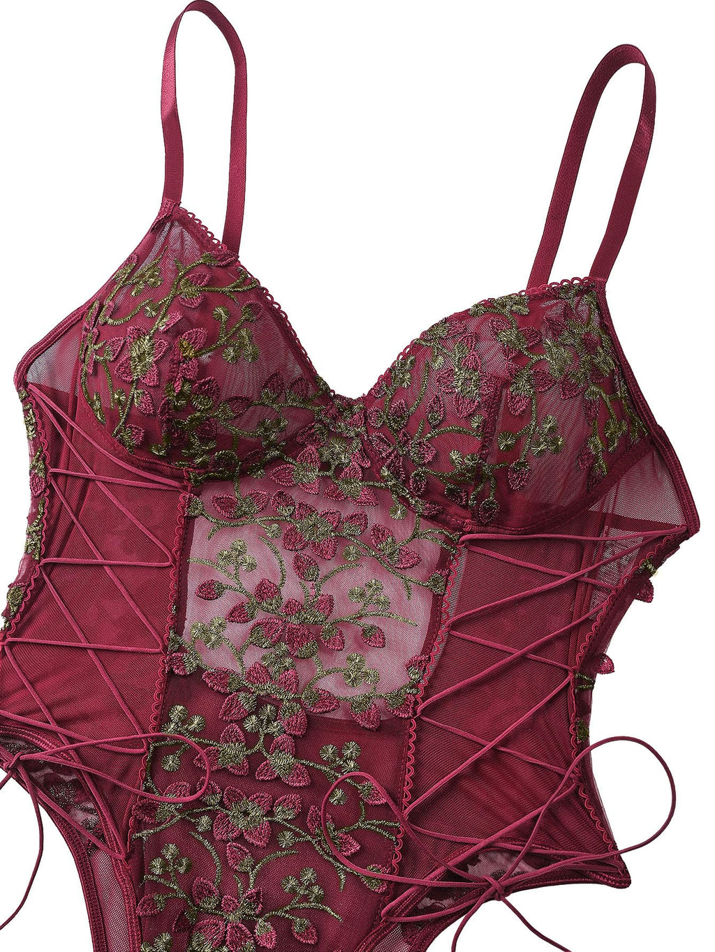 Lilosy Women Sexy Lace Up Floral Embroidered Teddy Babydoll Lingerie Bodysuit Top Mesh Sheer One Piece See Through Burgundy Medium