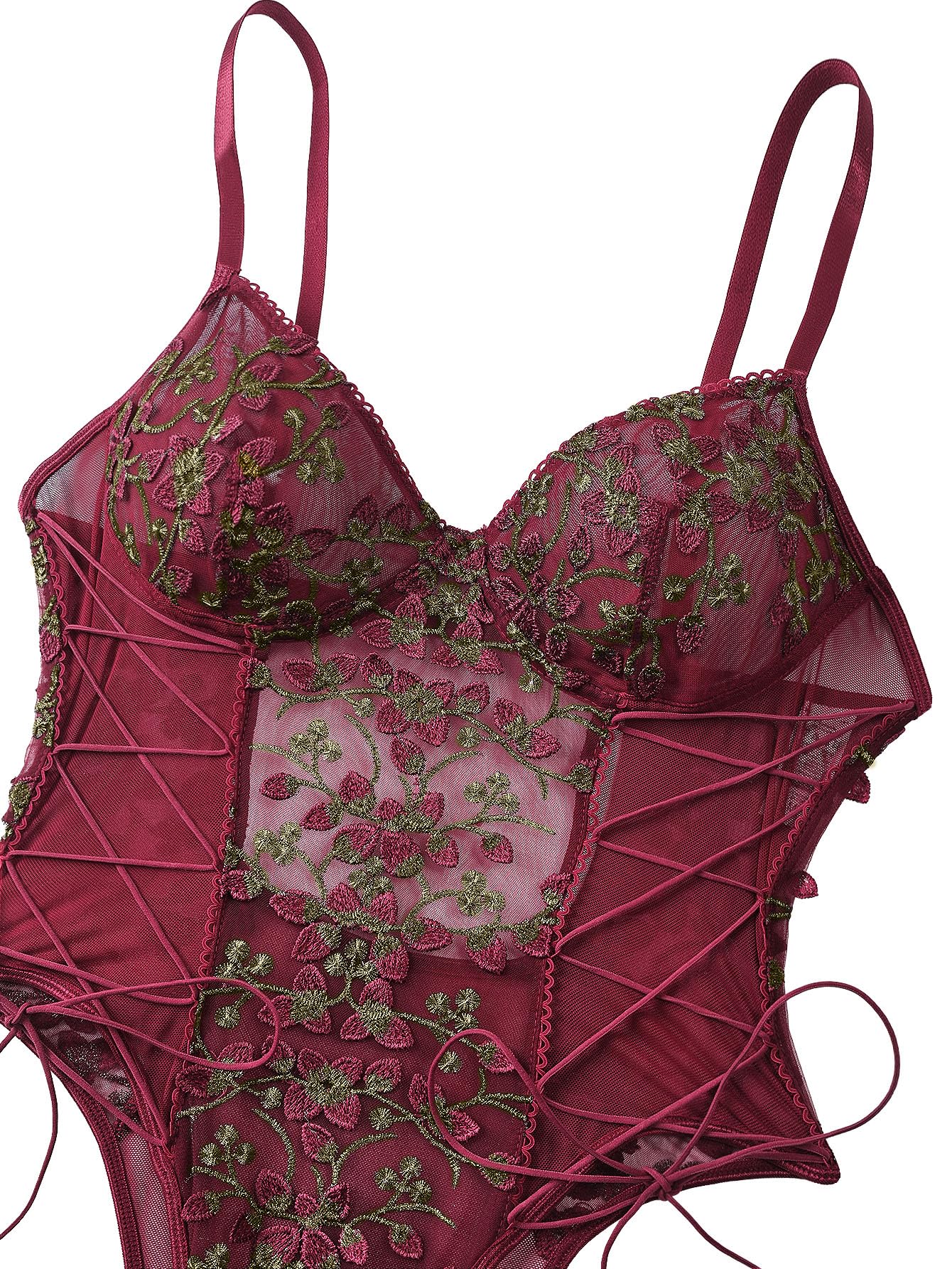 Lilosy Women Sexy Lace Up Floral Embroidered Teddy Babydoll Lingerie Bodysuit Top Mesh Sheer One Piece See Through Burgundy Medium
