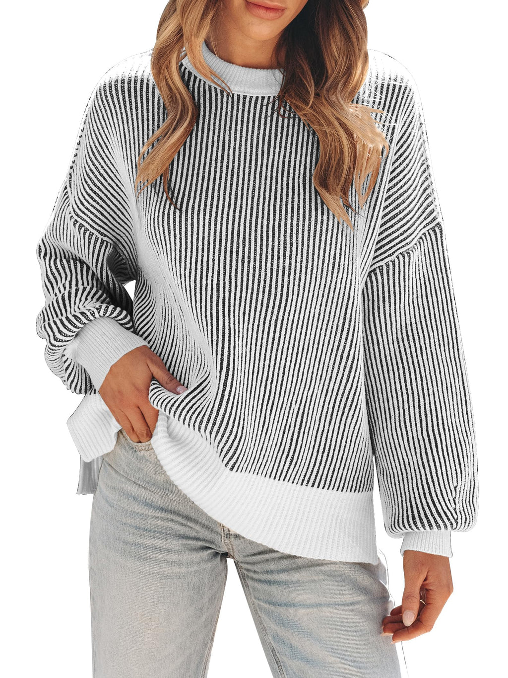 Disamer Womens Sweaters 2026 Fall Clothes Batwing Long Sleeve Striped Knit Pullover Tops Fashion Outfits Oversized Sweater,Pure Black,Large