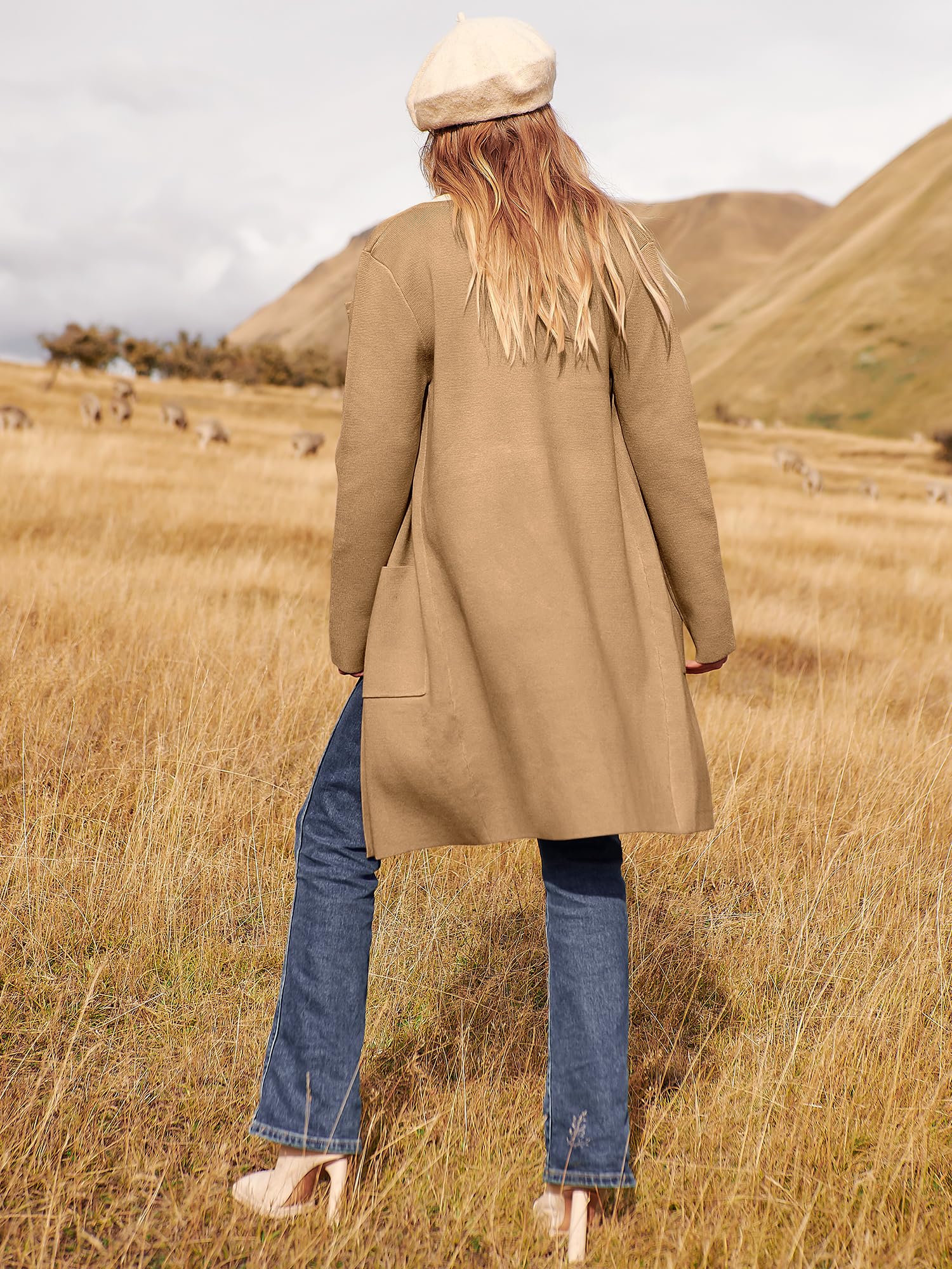 ANRABESS Womens Cardigan Sweater Open Front Knit Long Coatigan Dressy Casual Jacket Coat 2025 Fall Outfits Classy Clothes Light Brown Small