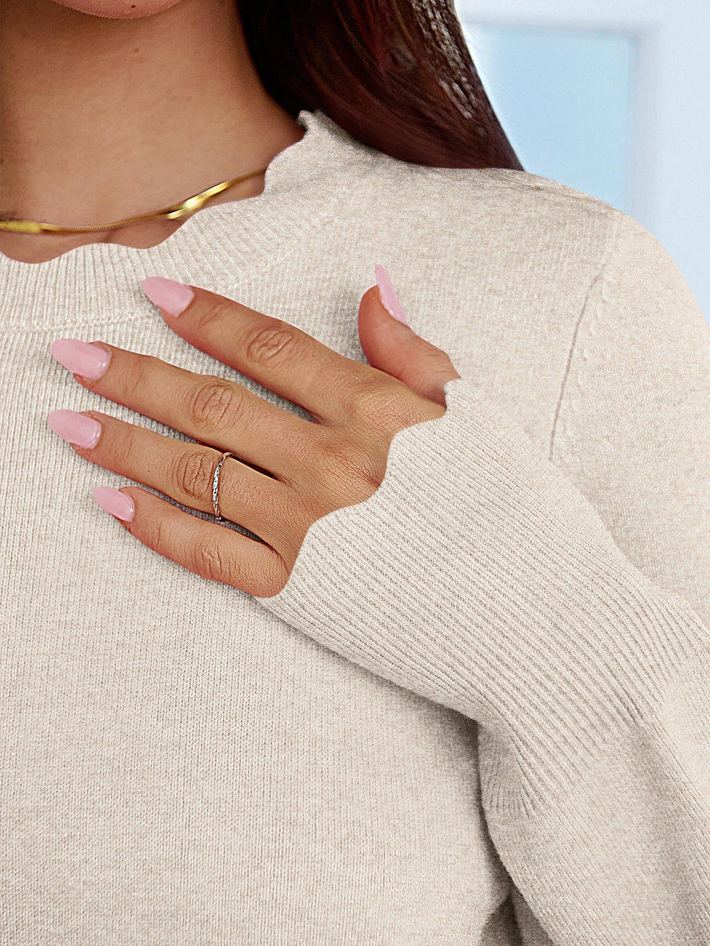 ANRABESS Sweaters for Women Loose Fit Lightweight Soft Dressy Scalloped Long Sleeve Pullover Tops 2026 Fall Casual Outfits Almond X-Large