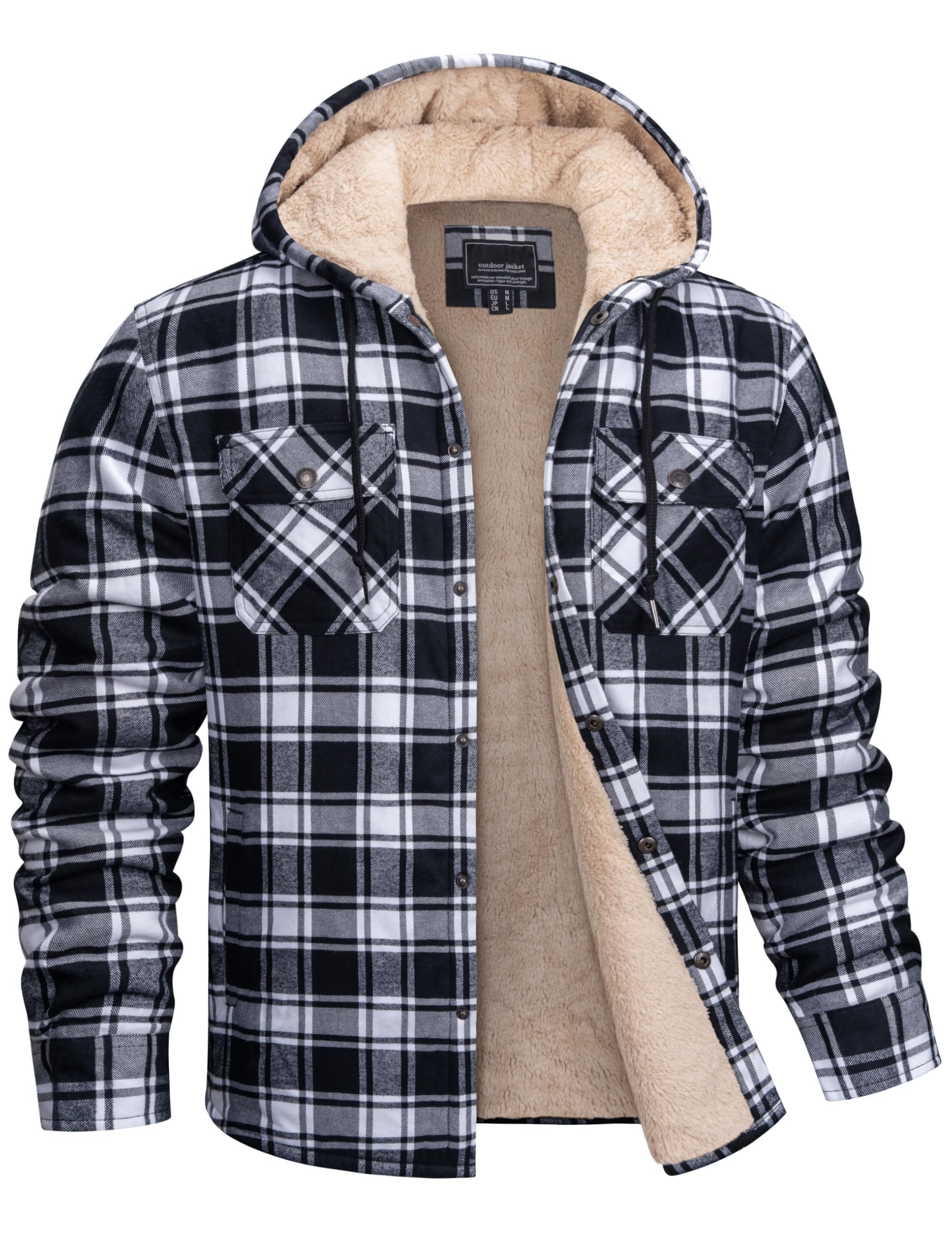 MAGNIVIT Men's Flannel Plaid Jacket Warm Sherpa Lined Fleece Hoodies for Men Thick Jackets Winter Coat BlackWhite