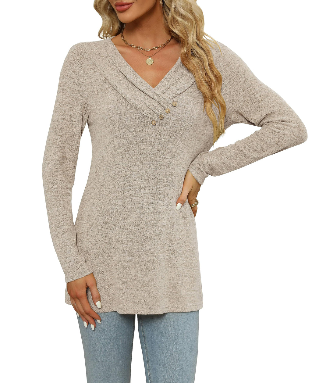 FMEYOA Women's Fall Long Sleeve Tunic Tops for Leggings V Neck Casual Shirt