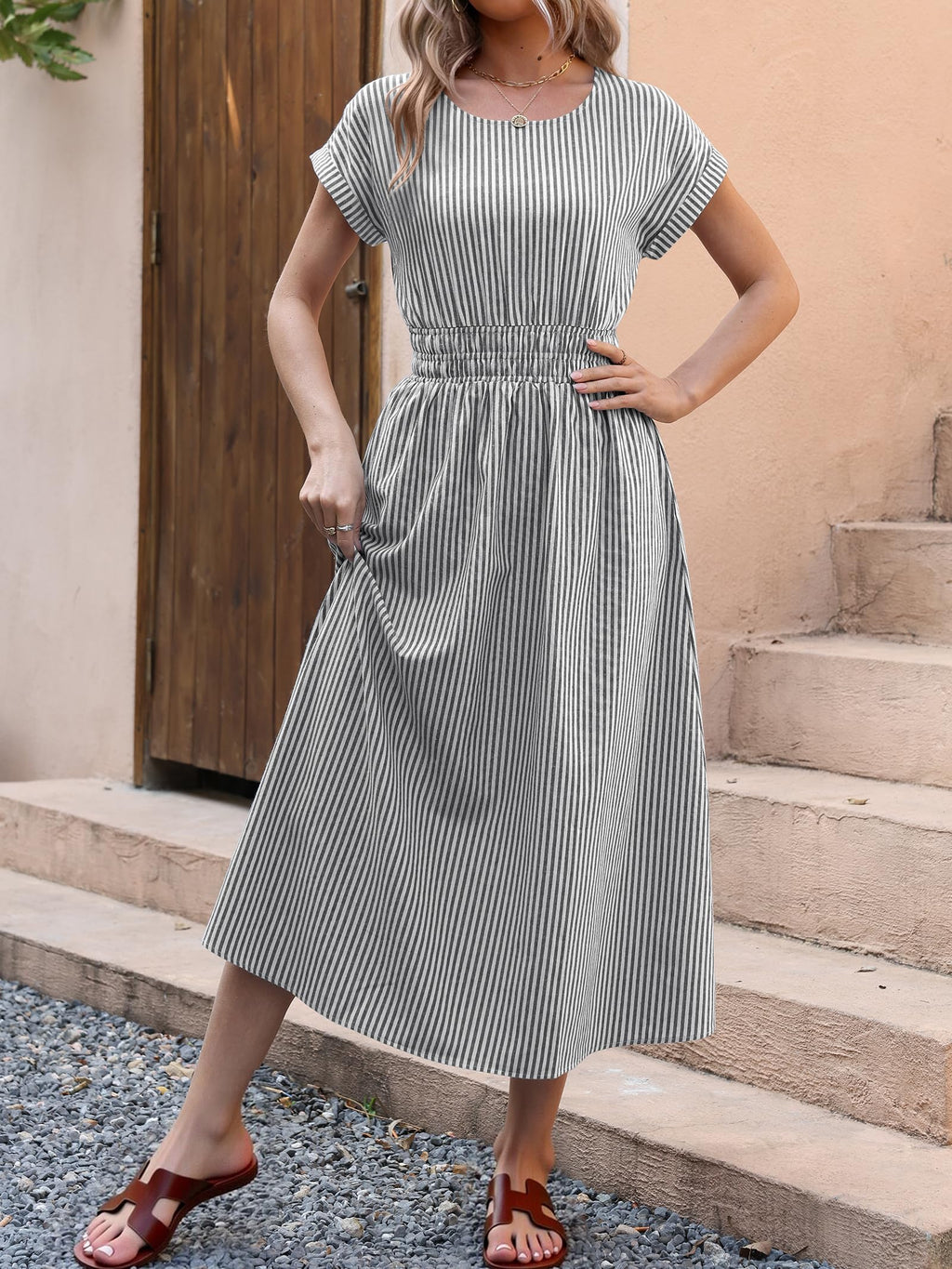 ANRABESS Womens Summer Midi Dress Striped Casual Short Sleeve Crewneck Empire Waist 2026 Flowy Long Beach Dress with Pockets Black White Stripe Large