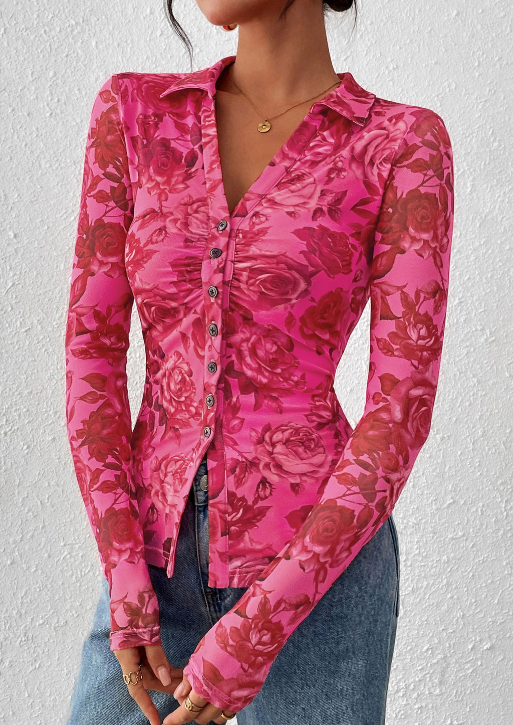PRETTYGARDEN Women Button Down Floral Shirts 2026 Fall Trendy Long Sleeve V Neck Mesh Boho Blouse Spring Tops Date Outfits (Pink Red Floral,Large)