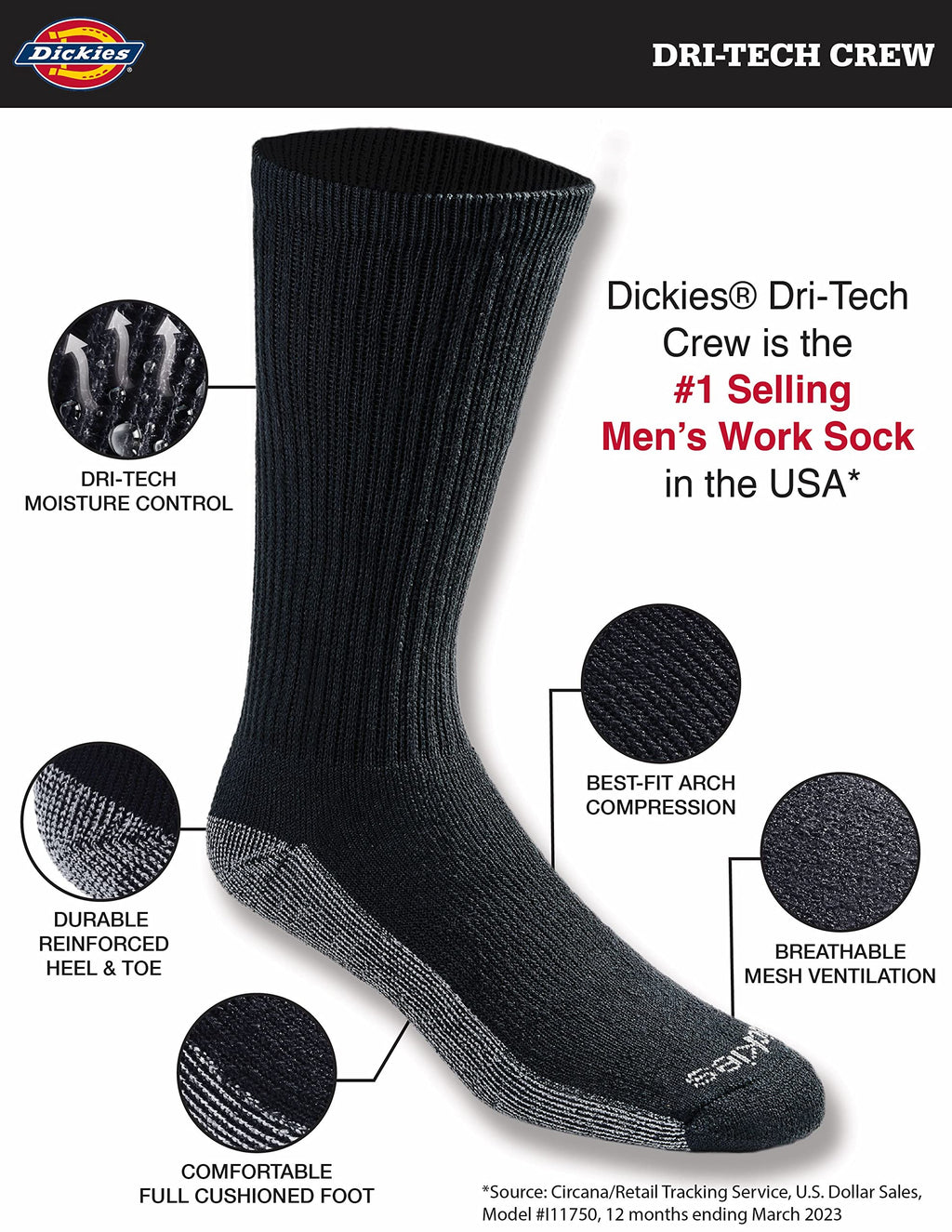 Dickies Men's Dri-Tech Original Moisture Control Crew Socks, Available in M-XXL (6, 12, 18 Pairs), Black (6 Pairs), X-Large