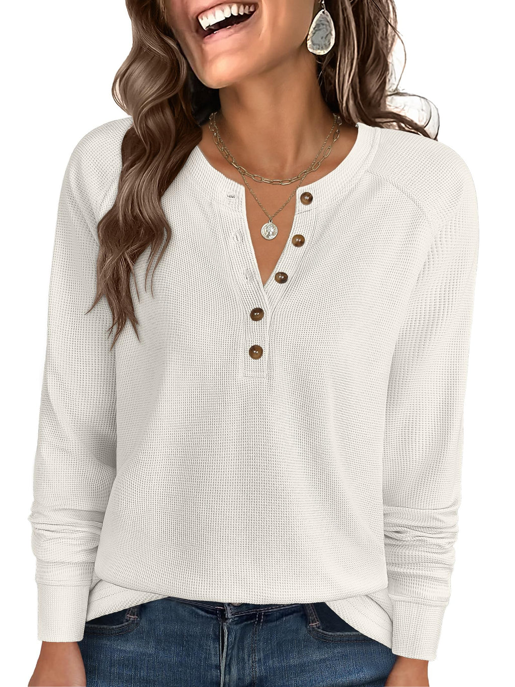 ANRABESS Women's Long Sleeve Waffle Knit Shirts Dressy Casual Loose Button Up V Neck Henley Tops 2026 Fall Basic Tee Blouse Beige Large