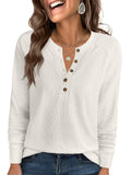 ANRABESS Women's Long Sleeve Waffle Knit Shirts Dressy Casual Loose Button Up V Neck Henley Tops 2026 Fall Basic Tee Blouse Beige Large