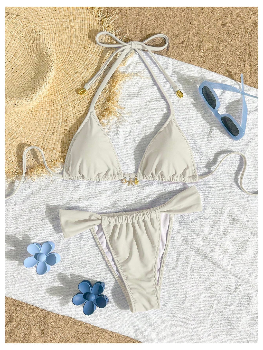 SOLY HUX Women's Halter String Bikini Sets High Cut Cheeky Thong Sexy Two Piece Swimsuits Bathing Suit Pure Beige Small