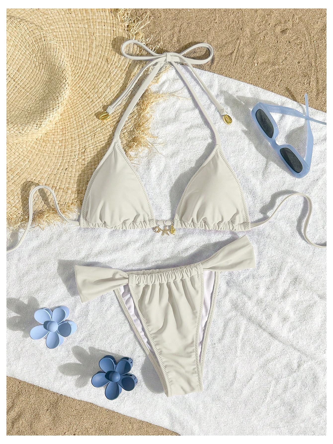 SOLY HUX Women's Halter String Bikini Sets High Cut Cheeky Thong Sexy Two Piece Swimsuits Bathing Suit Pure Beige Small