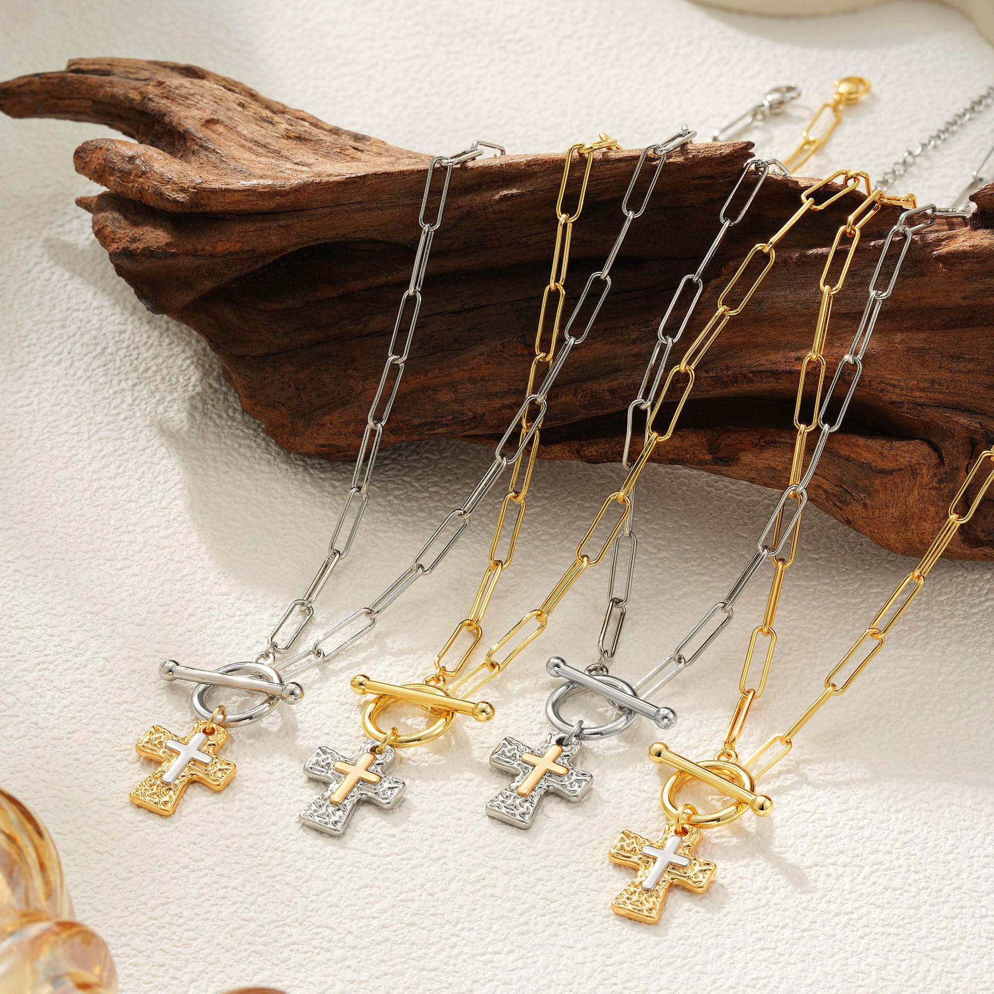 Treasure Bender Cross Necklace for Women Trendy -14K Gold Plated Chunky Gold Silver Cross Pendant Necklace Waterproof Non Tarnish Jewelry Christian Gift for Women