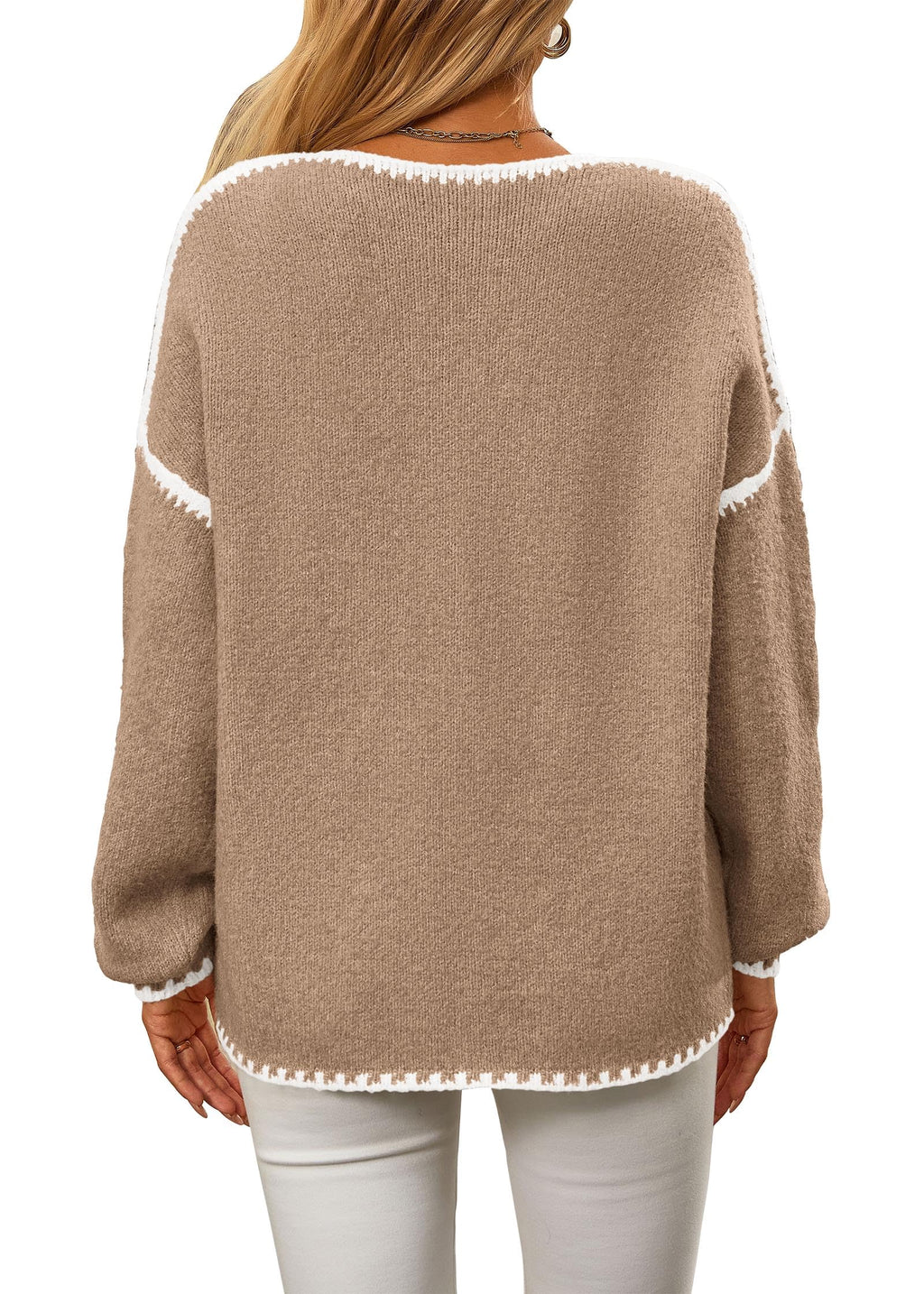 KIRUNDO Womens Sweaters 2026 Fall Oversized Long Sleeve Chunky Knit Crew Neck Contrast Stitching Pullover Winter Clothes(Khaki, Large)