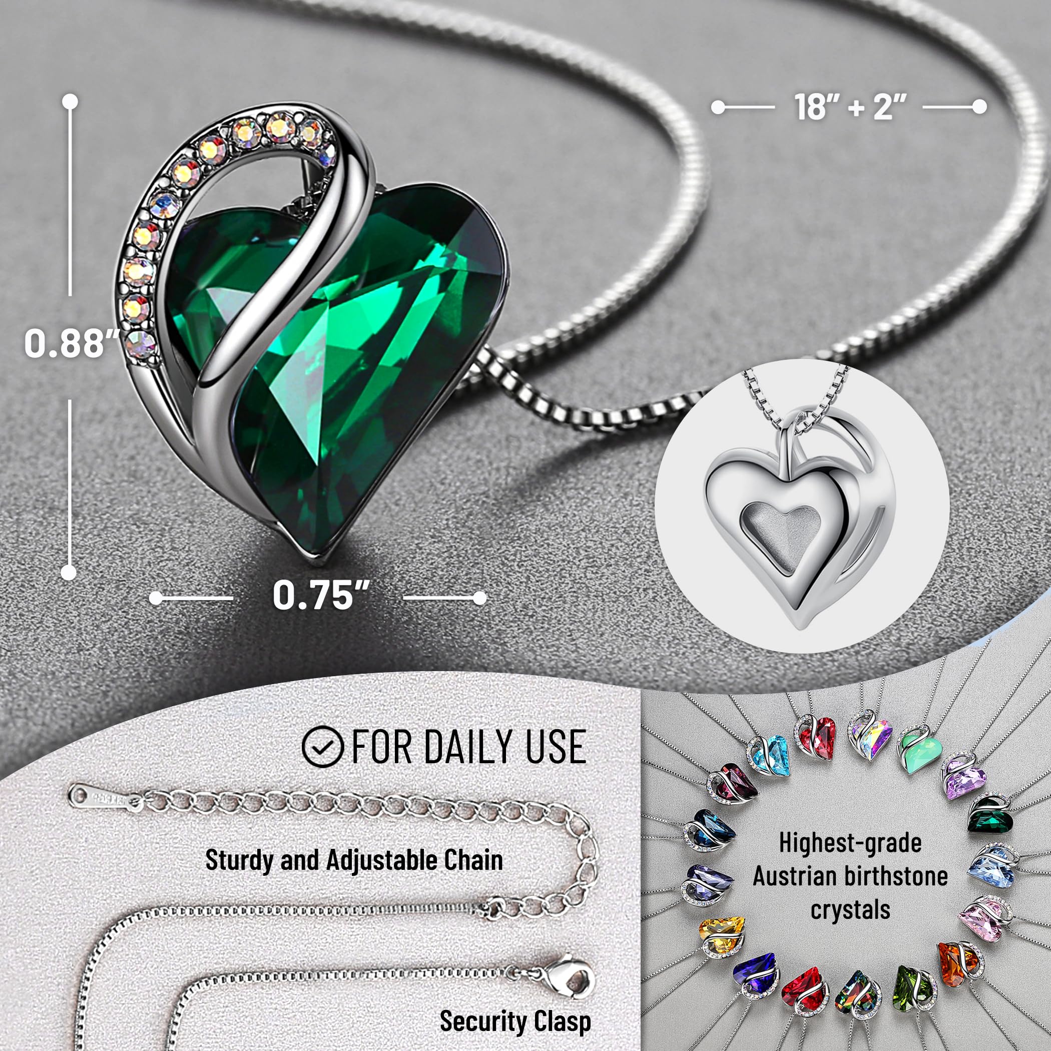 Leafael Mothers Day Gift Necklaces for Women, Infinity Love Birthstone Heart Pendant with Emerald Green Crystal for May, Birthday Jewelry for Her, Mom, and Wife, Silver Plated, 18 + 2 inch Chain