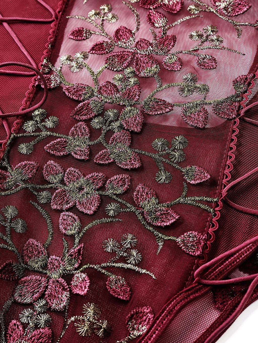 Lilosy Women Sexy Lace Up Floral Embroidered Teddy Babydoll Lingerie Bodysuit Top Mesh Sheer One Piece See Through Burgundy Medium