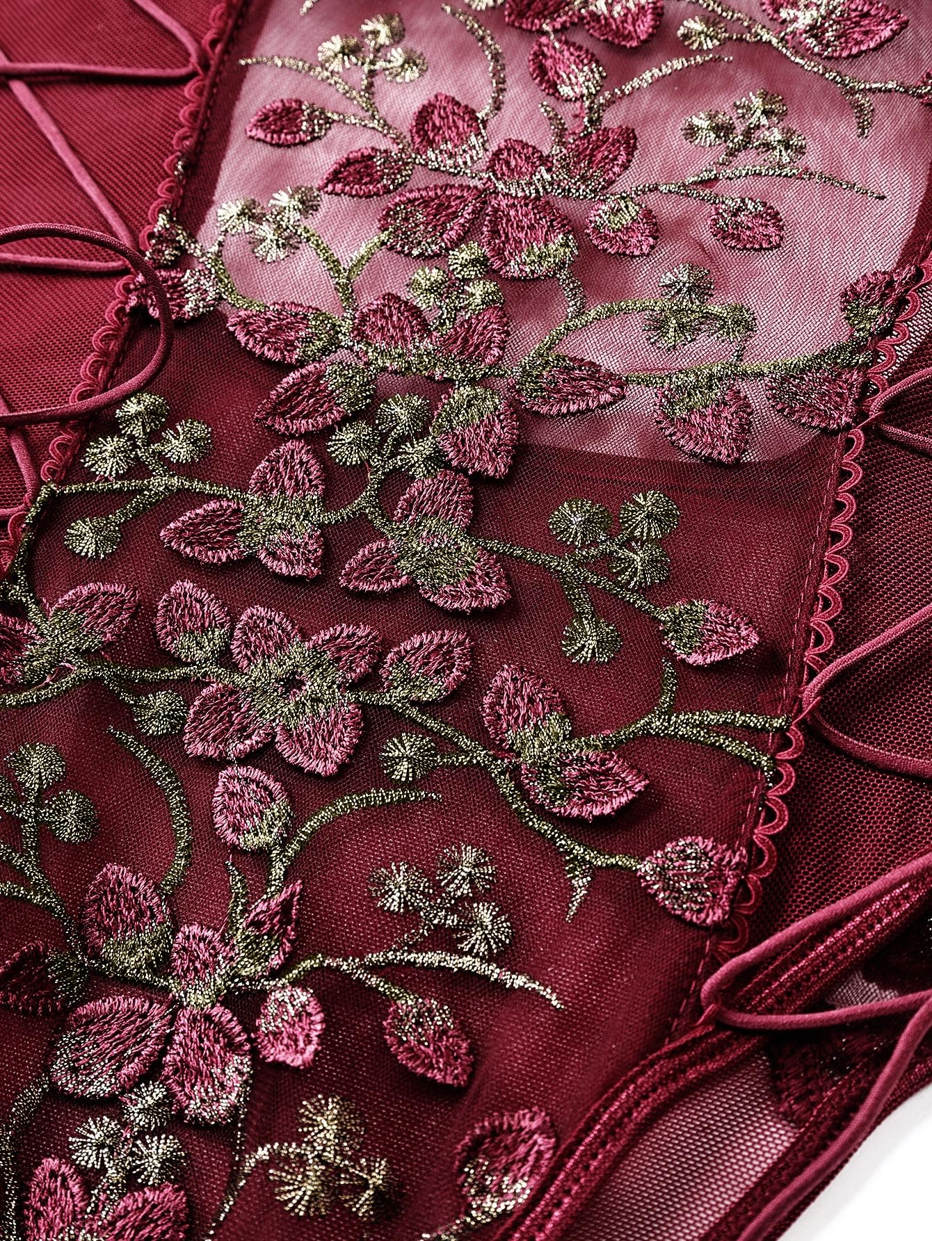 Lilosy Women Sexy Lace Up Floral Embroidered Teddy Babydoll Lingerie Bodysuit Top Mesh Sheer One Piece See Through Burgundy Medium