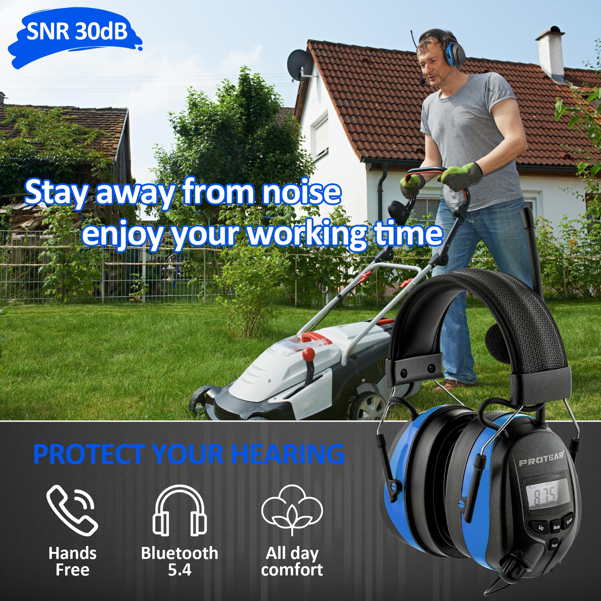 Upgraded Bluetooth 5.4 Radio Headphone with Gel Ear Pads,Ear Hearing Protection Earmuffs with Boom Mic,Rechargeable Battery,Digital AM/FM Radio Headphones for Mowing Yard Lawn Work Outdoor (Blue)
