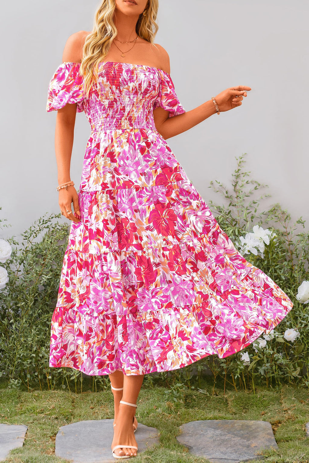 PRETTYGARDEN Women's Casual Summer Midi Dress Puffy Short Sleeve Square Neck Smocked Tiered Ruffle Dresses (Floral Rose Red,Large)