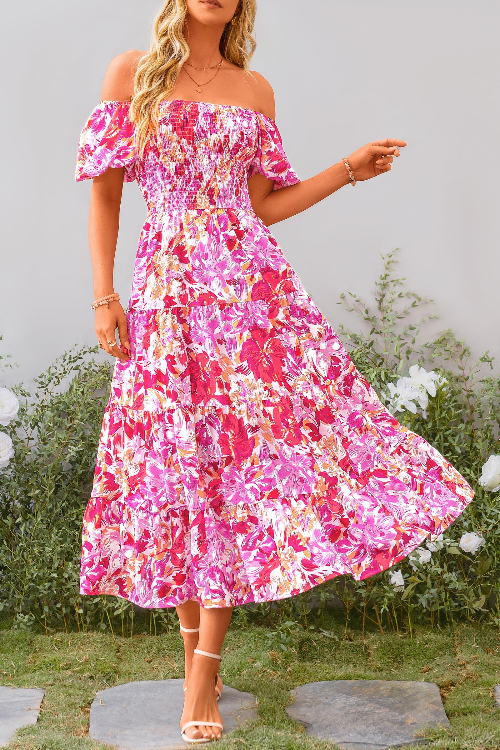 PRETTYGARDEN Women's Casual Summer Midi Dress Puffy Short Sleeve Square Neck Smocked Tiered Ruffle Dresses (Floral Rose Red,Large)