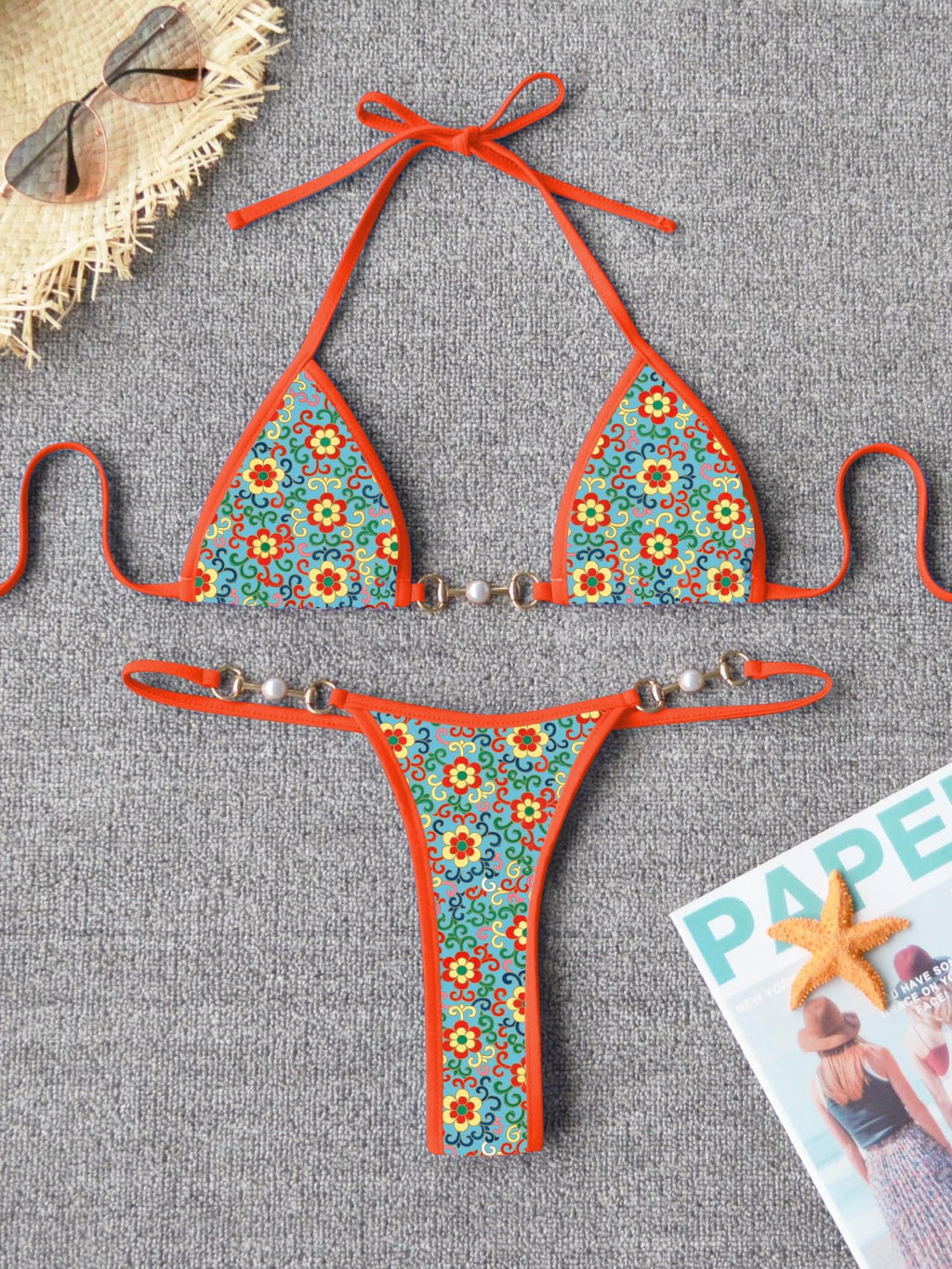 TASHEHE Women's Triangle Thong Bikini Set Sexy String Brazillian Two Piece Swimsuit Cute Bikini Bathing Suit - Blue/Yellow Floral - X-Large