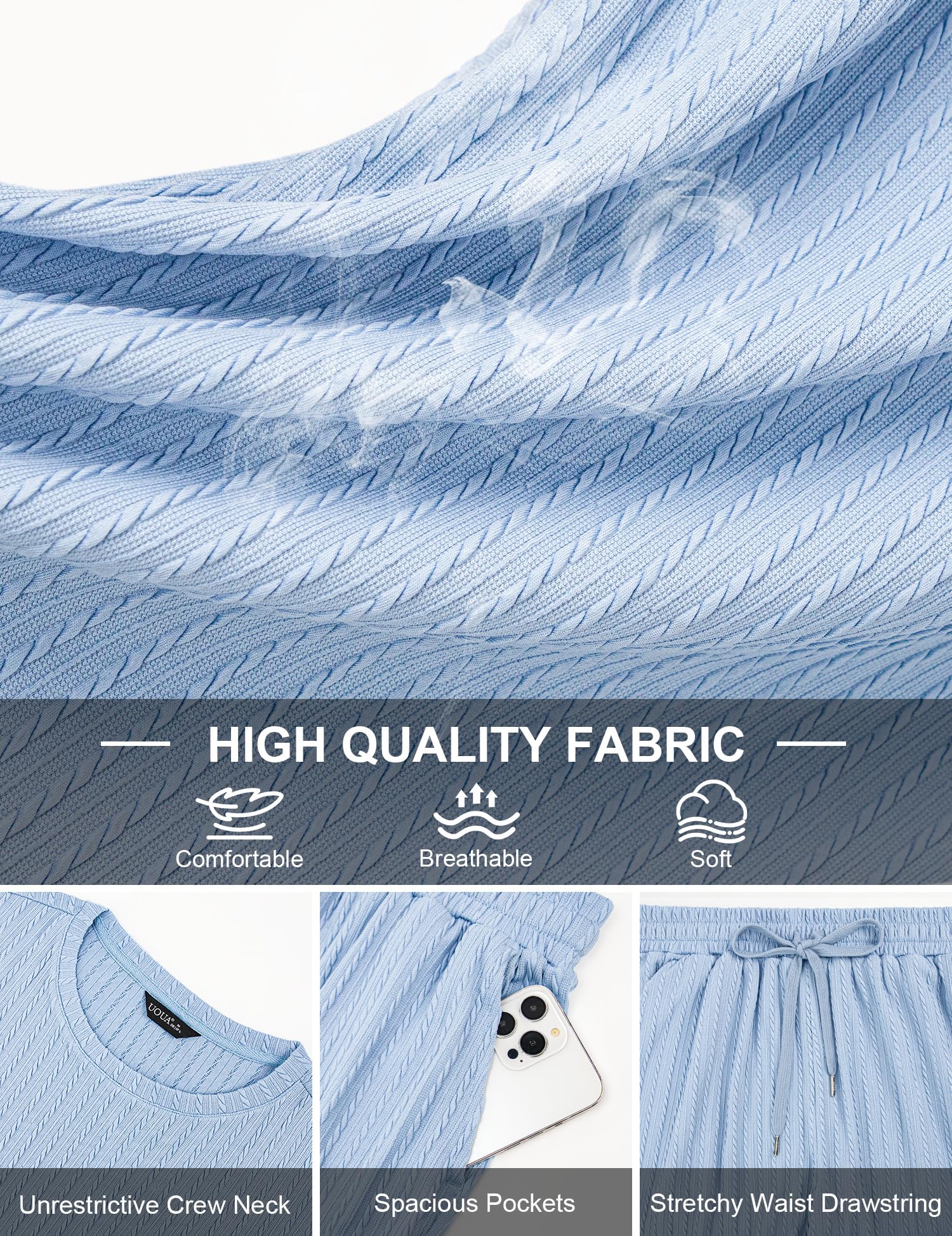 UOUA Mens Shorts Set Crewneck Short Sleeve T-Shirt & Shorts Twisted Texture 2 Piece Summer Outfits Casual Matching Sets White M