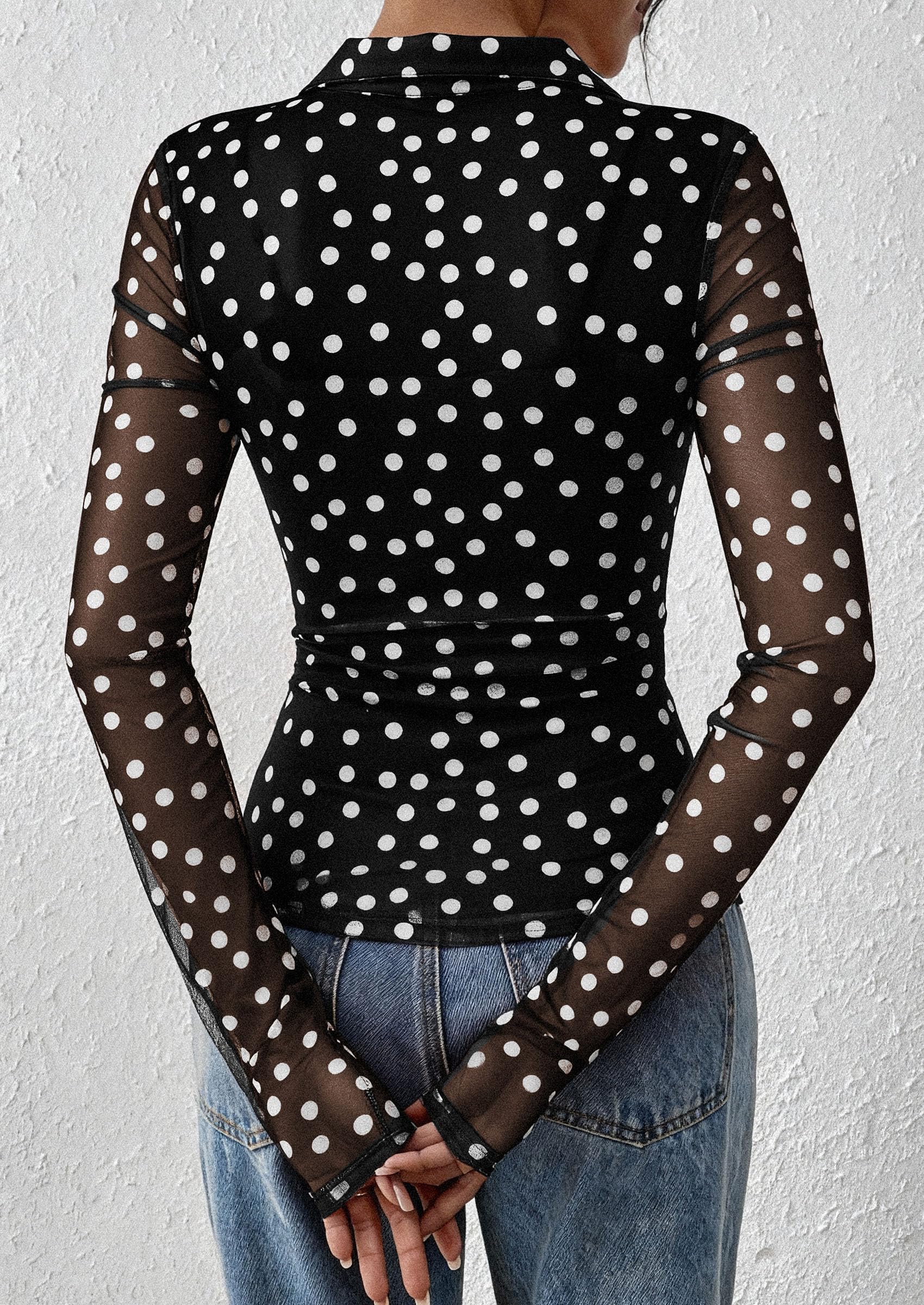 PRETTYGARDEN Women Button Down Floral Shirts 2026 Fall Trendy Long Sleeve V Neck Mesh Boho Blouse Spring Tops Date Outfits (01 Dot Black White,Large)