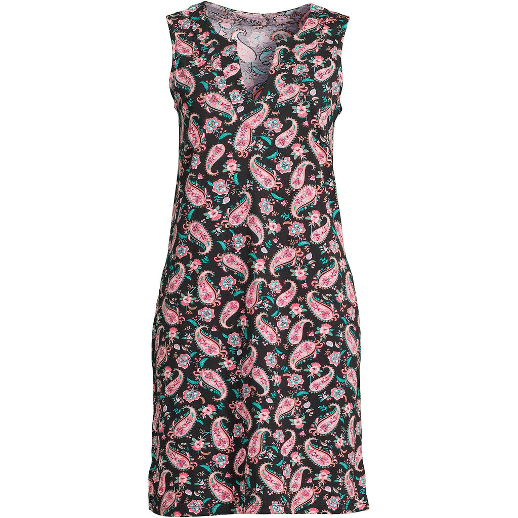 Lands' End Womens Cotton Jersey Sleeveless Cover-up Dress Colorblock Black Multi Paisley Floral Regular X-Small