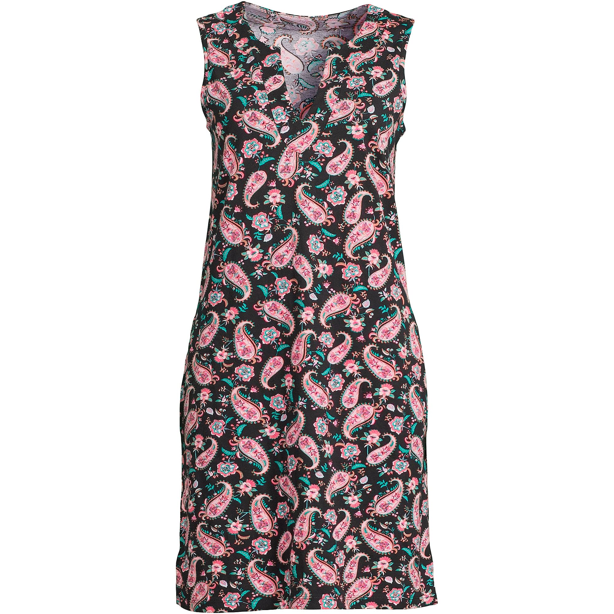 Lands' End Womens Cotton Jersey Sleeveless Cover-up Dress Colorblock Black Multi Paisley Floral Regular X-Small