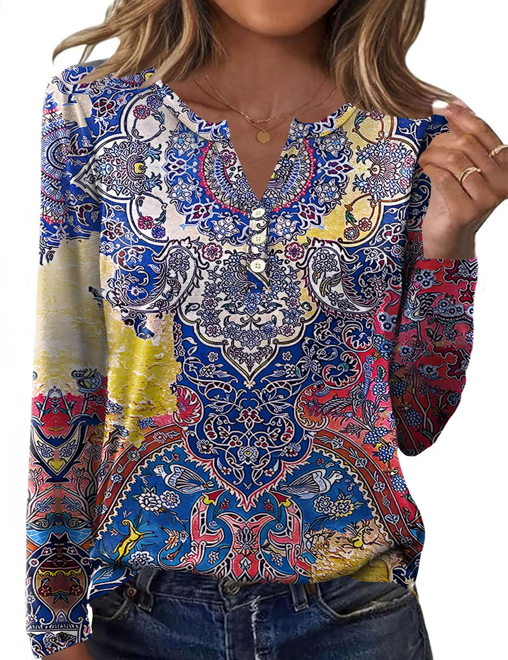Bashafo Winter Outfits for Women V Neck Long Sleeve Shirts for Women Winter Clothes Trend 2025 Ethnic Prints L