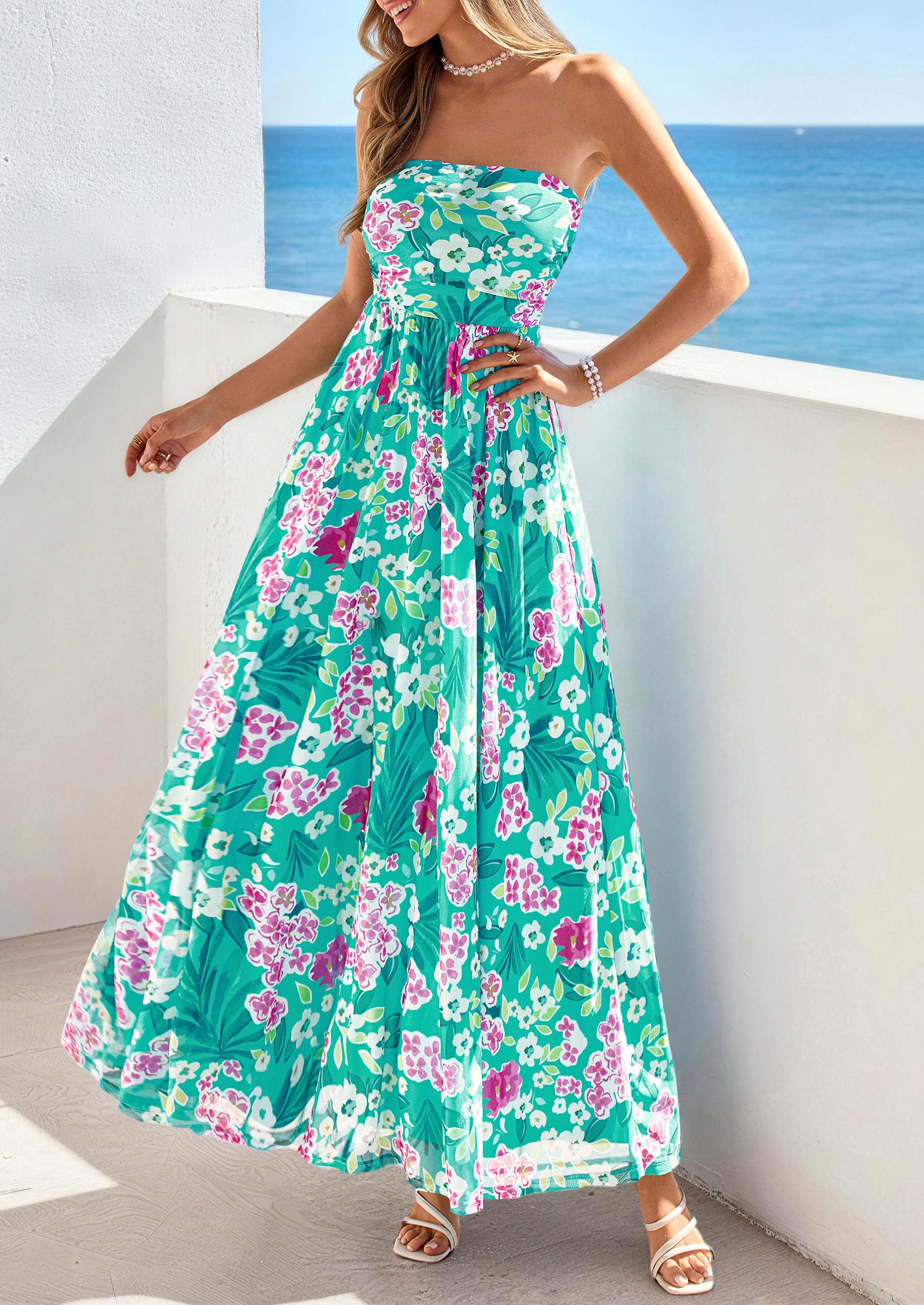 PRETTYGARDEN Women Strapless Maxi Dress 2026 Summer Floral Tube Top Ruched Beach Spring Wedding Guest Long Dresses (Floral Blue Green,Small)