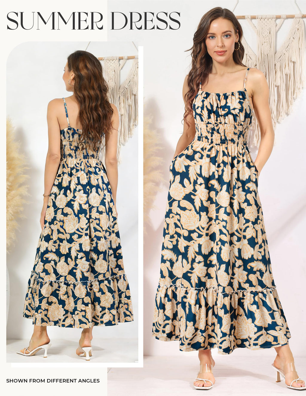 GRACE KARIN Summer Dresses for Women 2026 Vacation,Smocked Floral Maxi Dresses,Boho Beach Long Sundress Navy Flower S