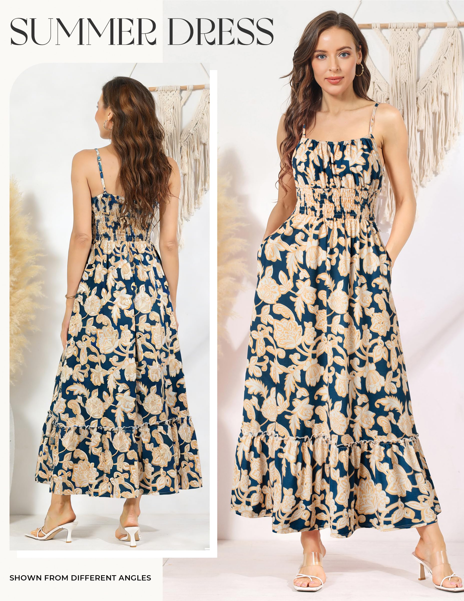 GRACE KARIN Summer Dresses for Women 2026 Vacation,Smocked Floral Maxi Dresses,Boho Beach Long Sundress Navy Flower S