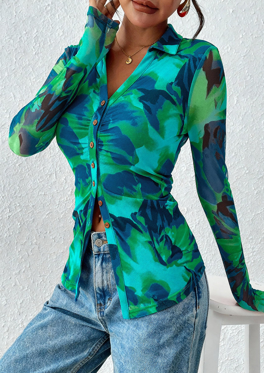 PRETTYGARDEN Women Button Down Floral Shirts 2026 Fall Trendy Long Sleeve V Neck Mesh Boho Blouse Spring Tops Date Outfits (Floral Blue Green,Large)