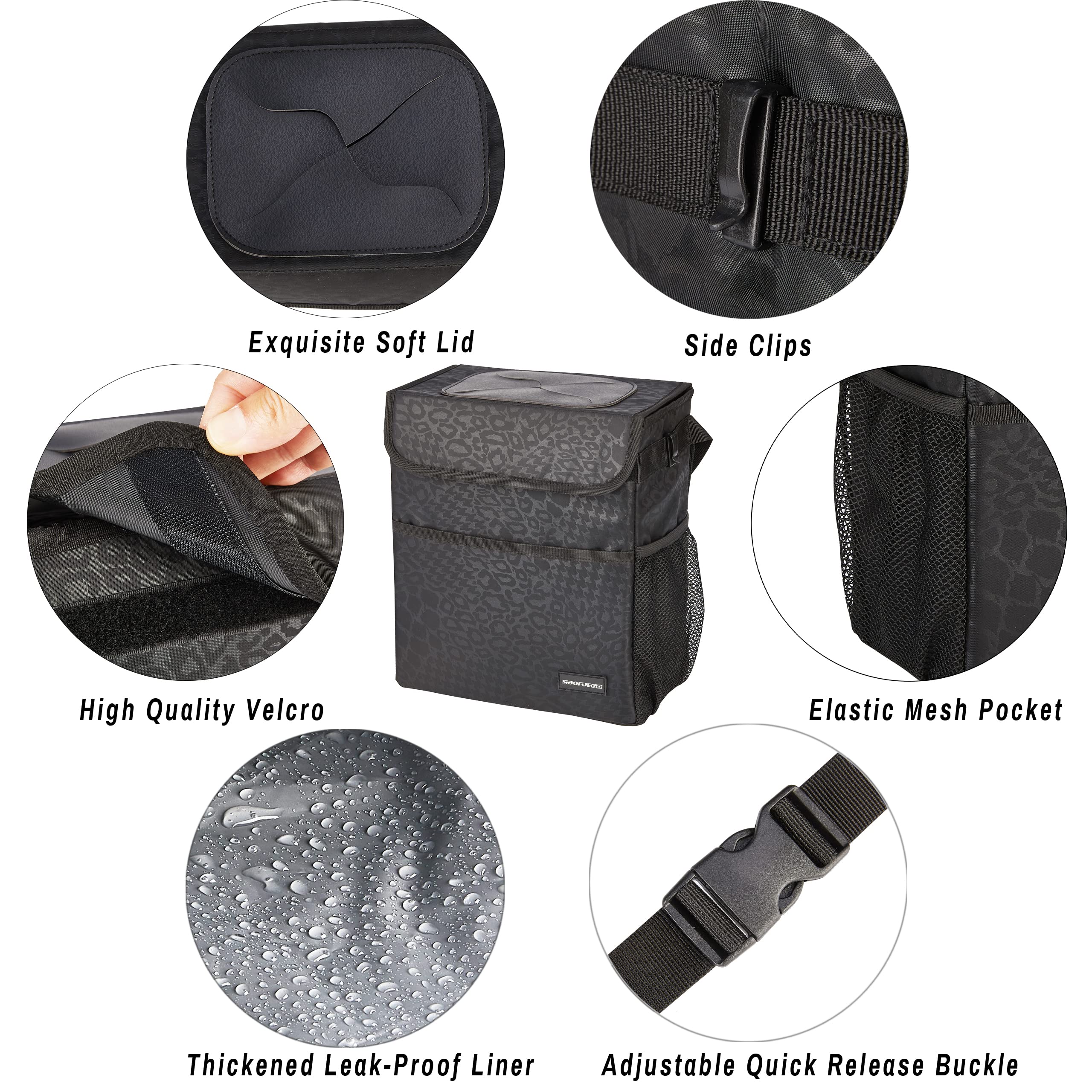SIBOFUEGO Cute Car Trash Can with Lid – Multipurpose Collapsible Trash Bin for Car, Leak-Proof Organizer, Waterproof Garbage Can with Storage Pockets & Adjustable Straps, 2 Gallons (Black Leopard)