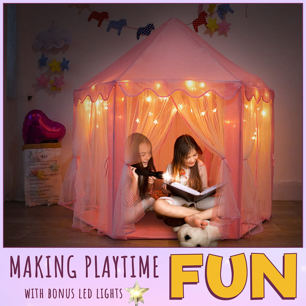 ORIAN Princess Castle Play Tent for Girls, LED Star Lights, Indoor & Outdoor Playhouse, Polyester, Pink, 55" x 53", Toddler & Kids Toys Ages 2–7