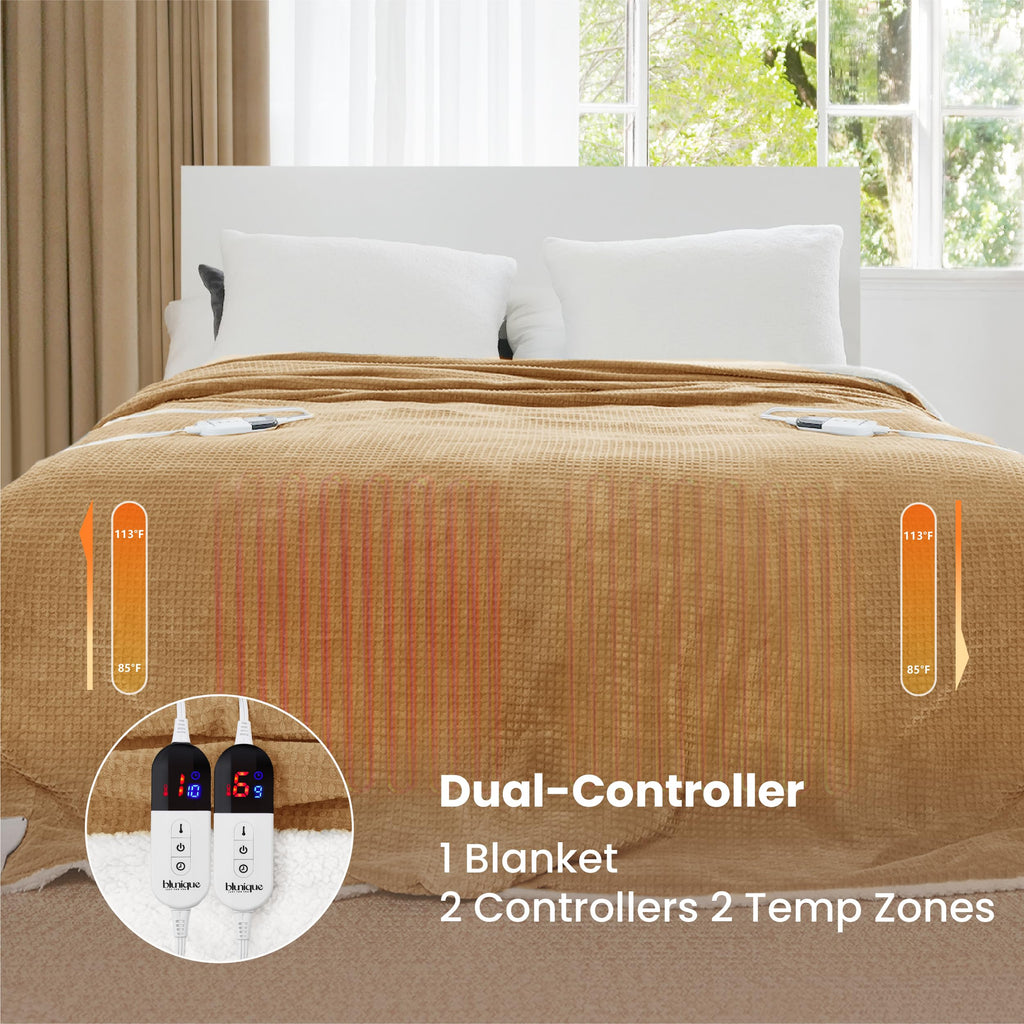 blunique Heated Blanket Electric Blanket King Waffle, 90x100 Inches Dual Controllers Sherpa Fleece Fast Heating Blanket 6 Heating Levels & 10 Hours Auto Off ETL Certification, Caramel King