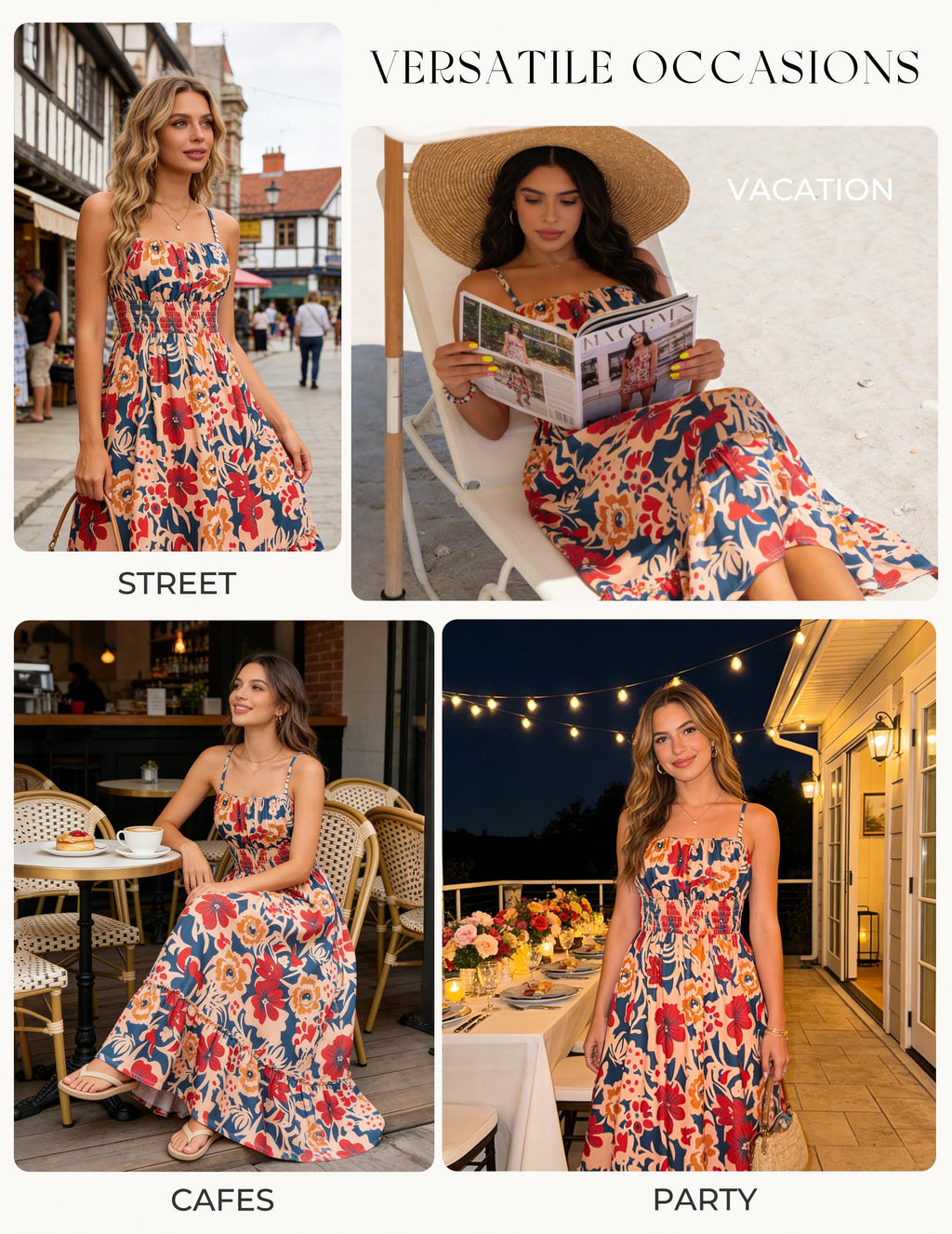 GRACE KARIN Summer Dresses for Women 2026 Vacation,Smocked Floral Maxi Dresses,Boho Beach Long Sundress Navy Brown XL