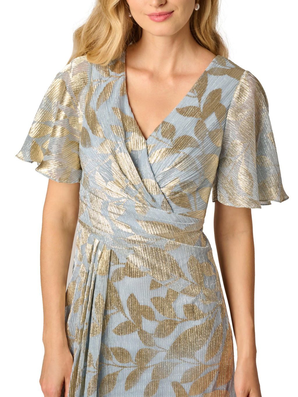 Adrianna Papell Women's Foil Leaf Draped Gown | Long Metallic Dress with Short Butterfly Sleeves & Front Leg Slit,Light Blue/Gold,4