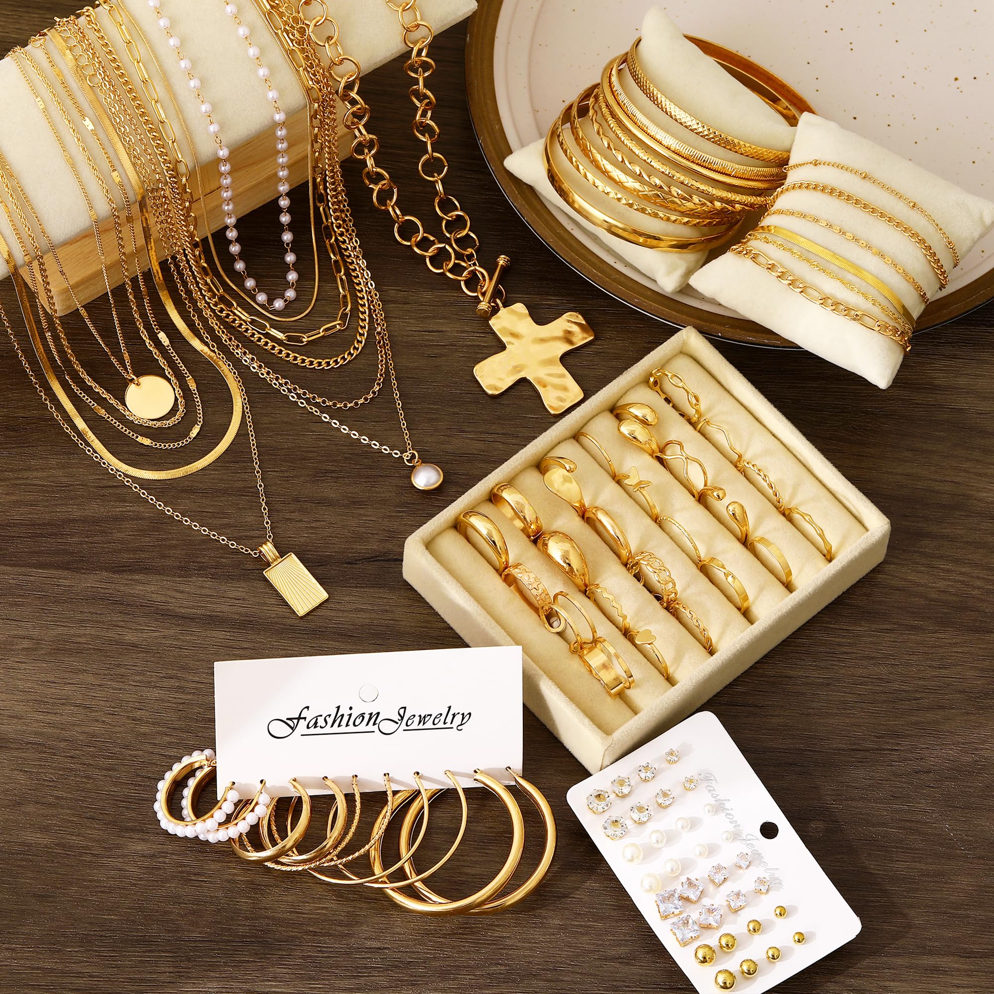 FANDY 137 Pieces Gold Jewelry Set for Women, 12 Necklace, 14 Bracelet, 21 Earrings, 24 Knuckle Rings, 66 Hair Accessory, Gold Jewelry for Women Gift