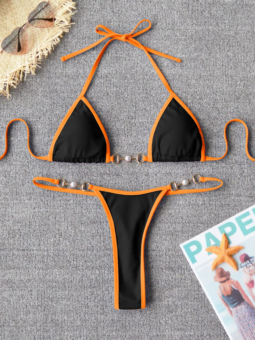 TASHEHE Women's Triangle Thong Bikini Set Sexy Brazillian Two Piece Swimsuit String Bathing Suit - Black - Small