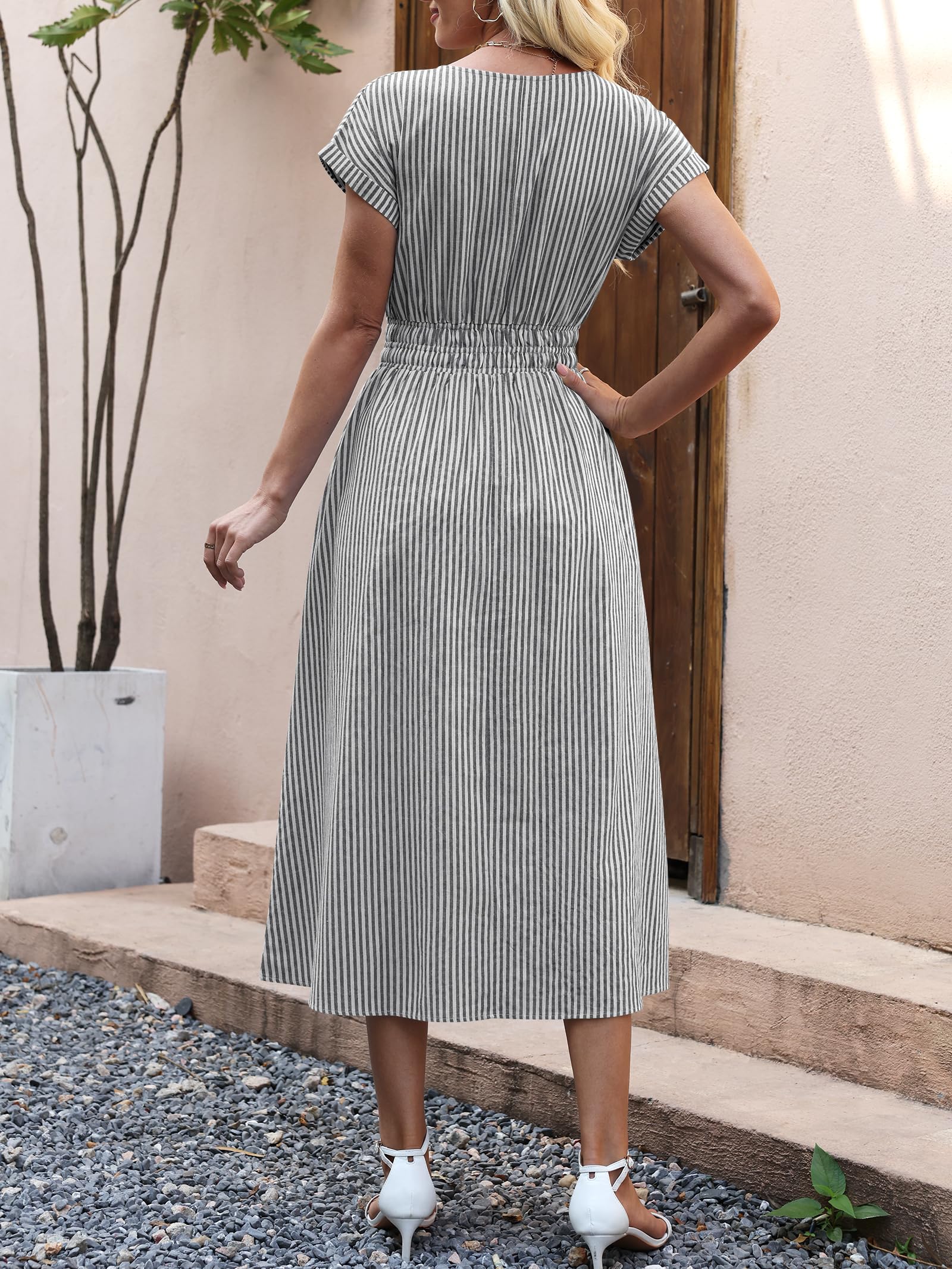 ANRABESS Womens Summer Midi Dress Striped Casual Short Sleeve Crewneck Empire Waist 2026 Flowy Long Beach Dress with Pockets Black White Stripe Large