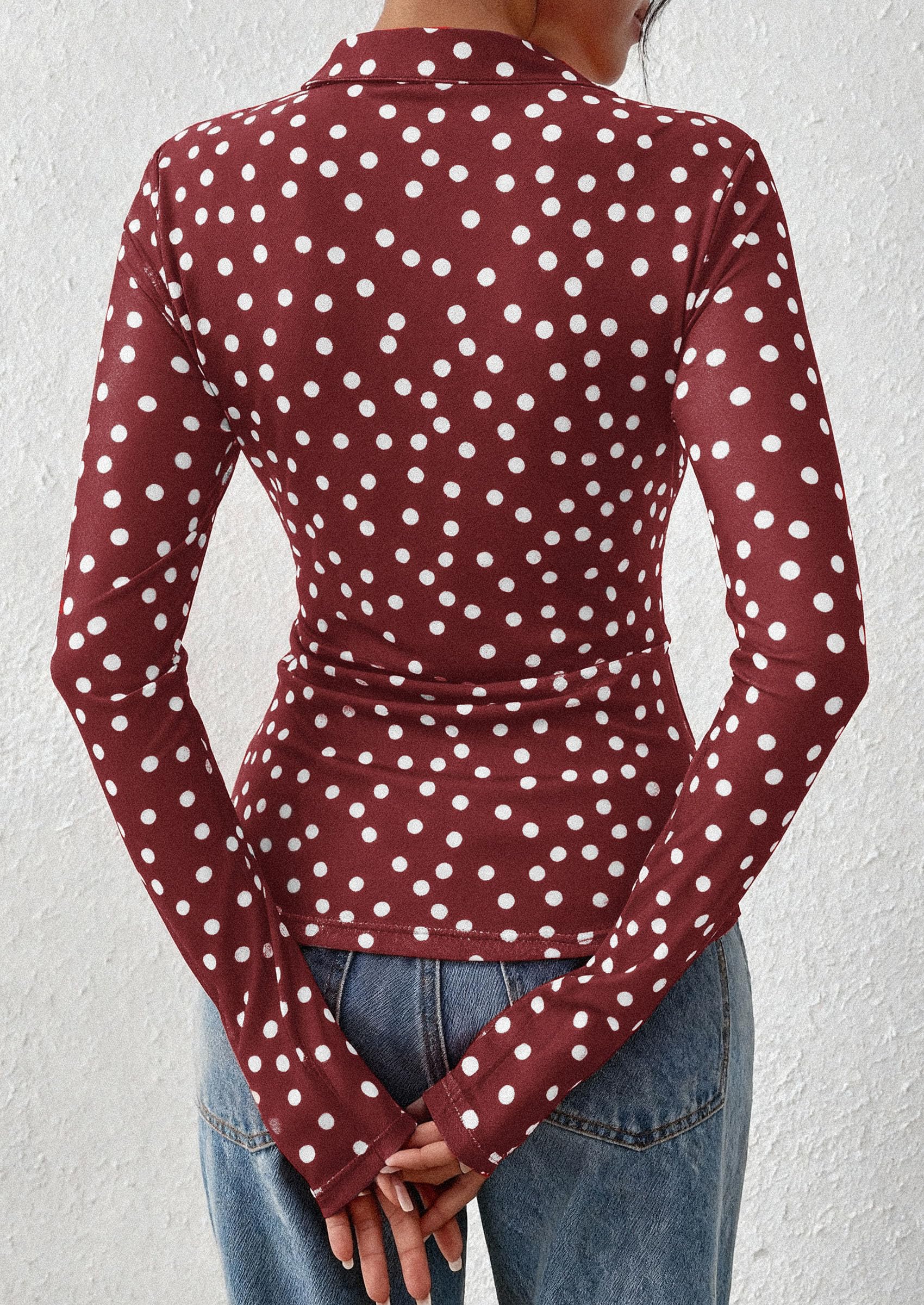 PRETTYGARDEN Women Button Down Floral Shirts 2026 Fall Trendy Long Sleeve V Neck Mesh Boho Blouse Spring Tops Date Outfits (01 Dot Burgundy White,Large)