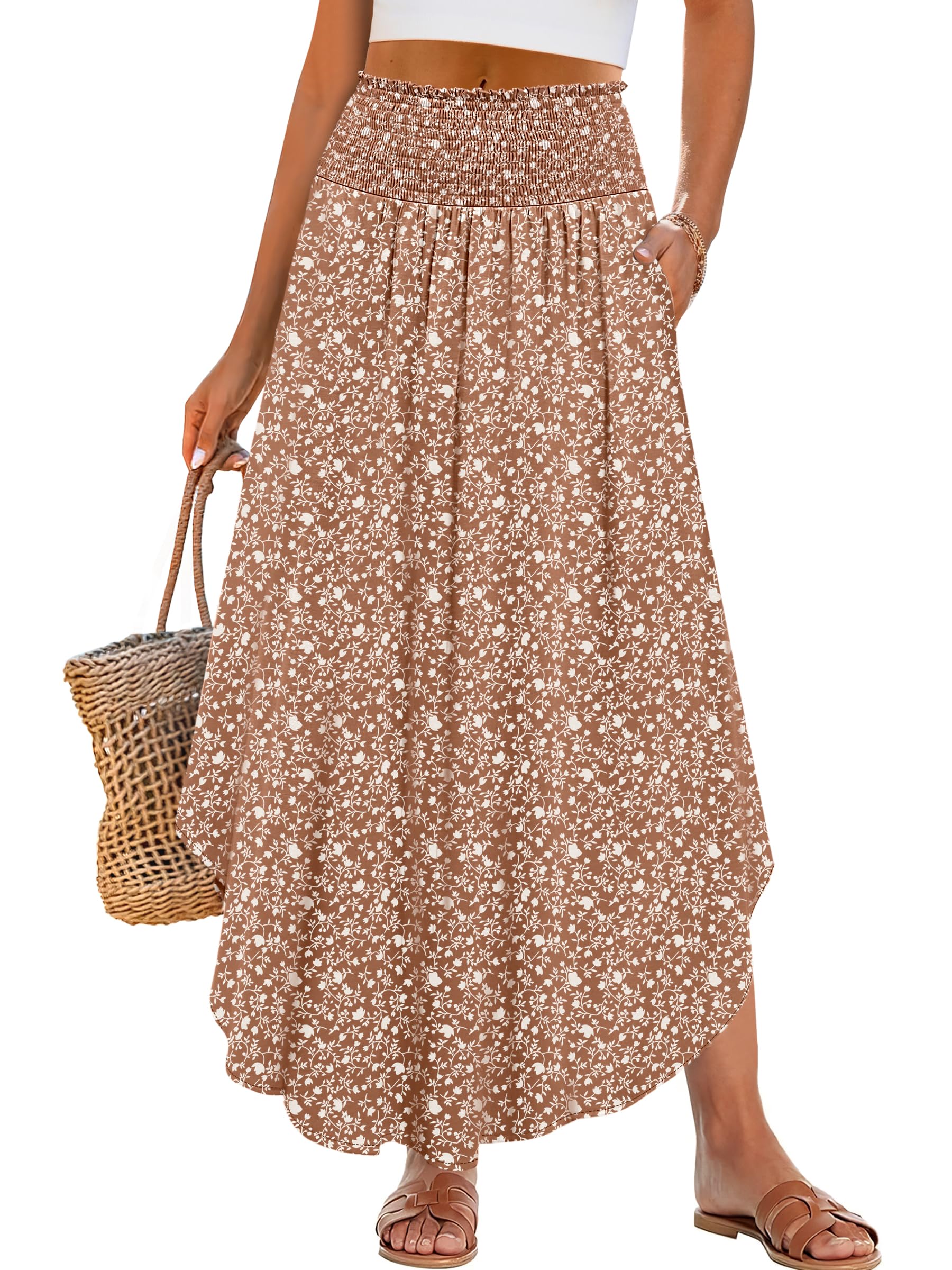 ANRABESS Women's Maxi Skirts Summer Boho Floral High Waisted Flowy Swing Pleated Beach Long Skirt with Pockets Brown Large